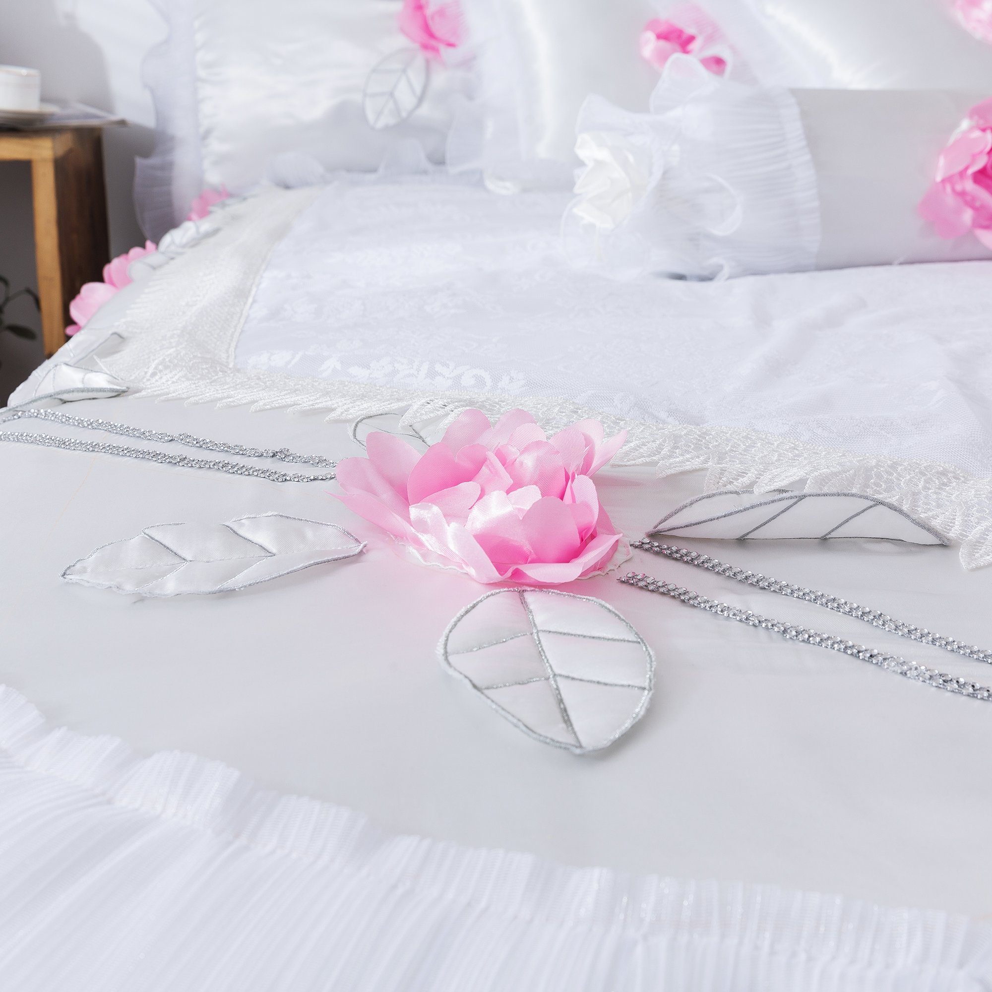 Tache Ruffle Floral Lace Satin White Pink Luxury Delicate Rose Comforter Set (MA125) - Tache Home Fashion