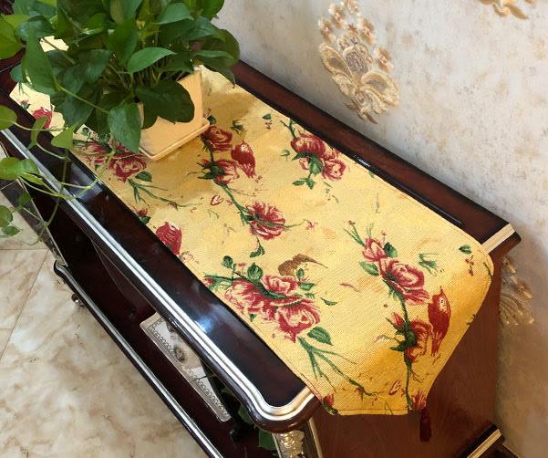 Tache Floral Red Roses Hummingbirds Golden Woven Tapestry Table Runner (18115) - Tache Home Fashion