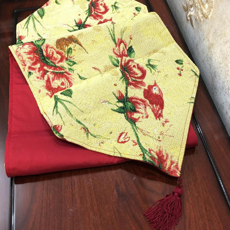 Tache Floral Red Roses Hummingbirds Golden Woven Tapestry Table Runner (18115) - Tache Home Fashion