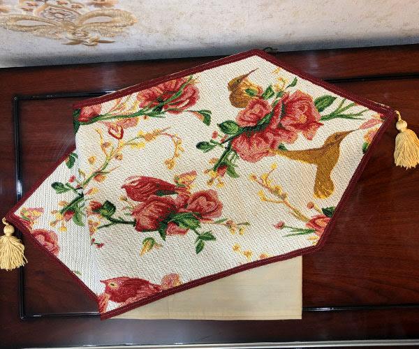 Tache Floral Red Roses Hummingbirds Ivory Woven Tapestry Table Runner (18109) - Tache Home Fashion