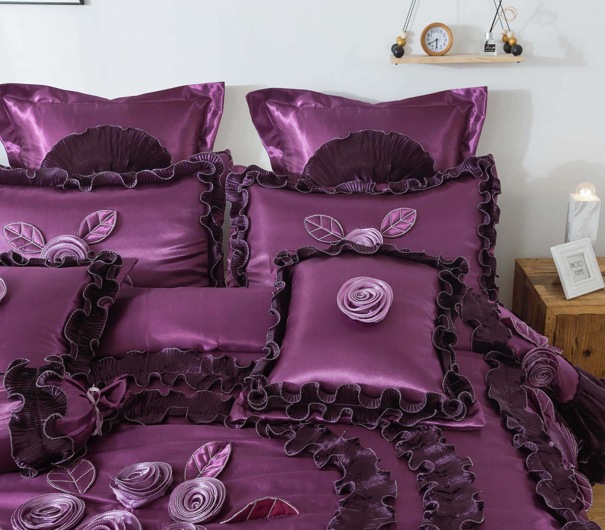 Tache Satin Ruffle Dark Purple Midnight Bloom Euro Sham (BM6438) - Tache Home Fashion