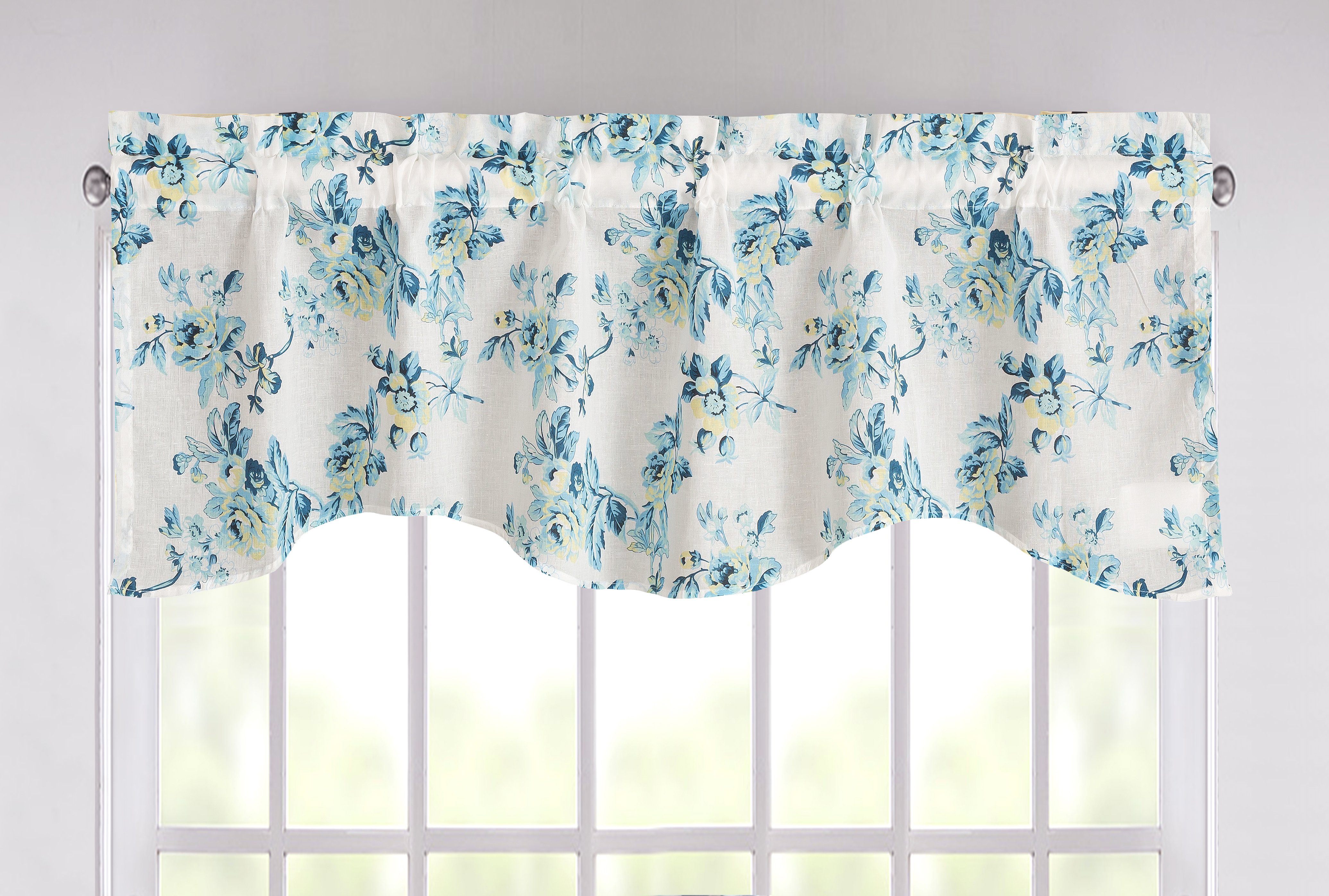 Tache Cotton White Blue Floral Scalloped Petal Dance Sheer Scalloped Window Treatment Valance (JHW-646) - Tache Home Fashion