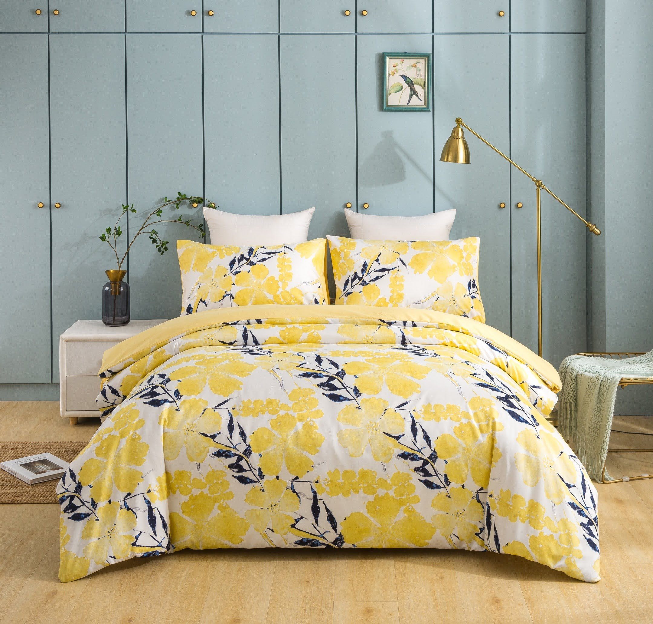 Tache Microfiber Watercolor Tropical Floral Yellow Blue Duvet Cover (JHW-841) - Tache Home Fashion