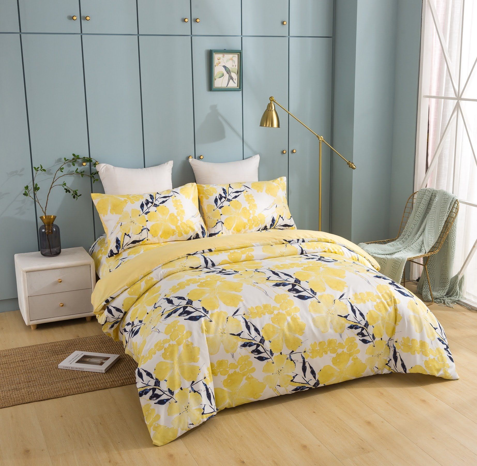 Tache Microfiber Watercolor Tropical Floral Yellow Blue Duvet Cover (JHW-841) - Tache Home Fashion