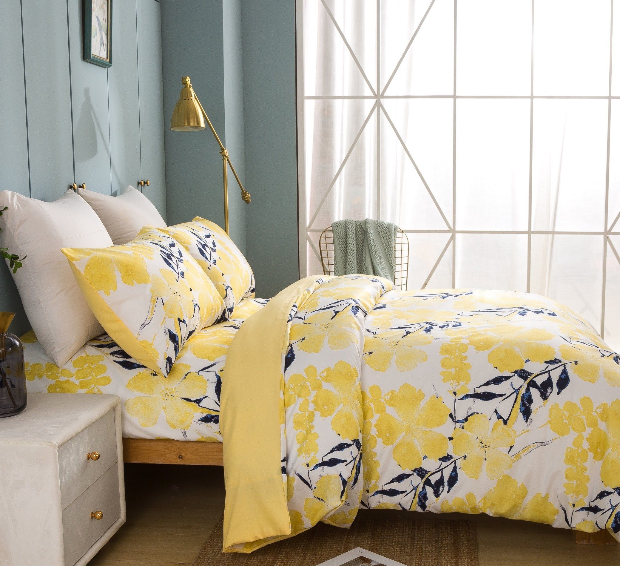 Tache Microfiber Watercolor Tropical Floral Yellow Blue Duvet Cover (JHW-841) - Tache Home Fashion