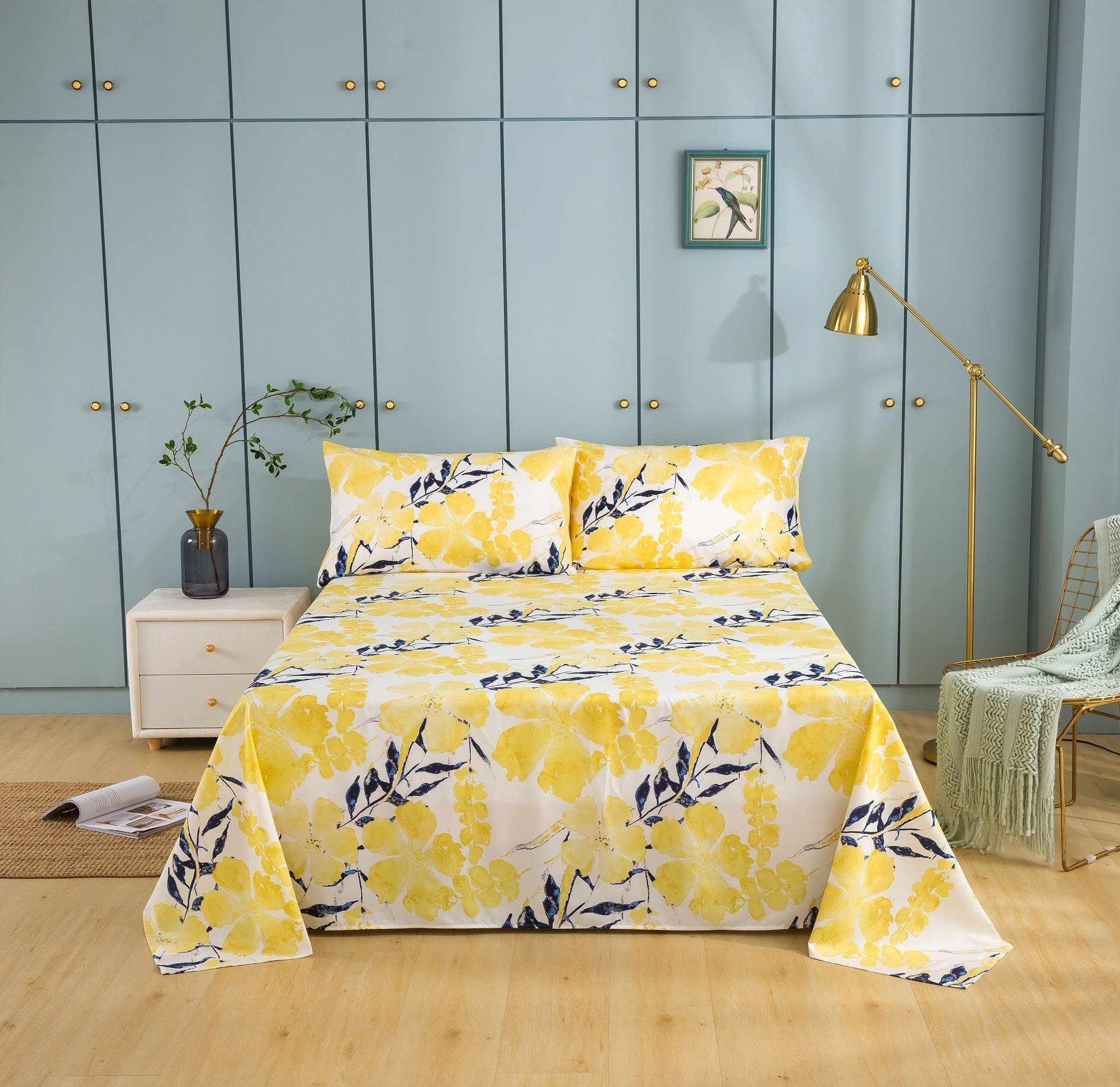 Tache Microfiber Watercolor Tropical Floral Yellow Blue Flat Bed Sheet (JHW-841) - Tache Home Fashion