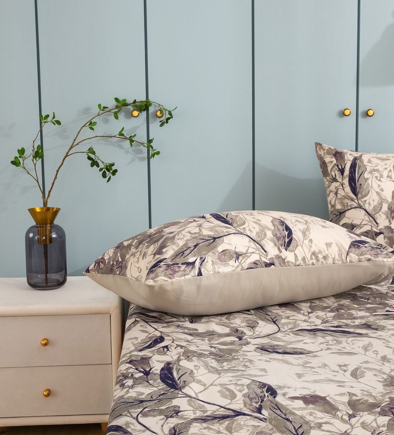 Tache Microfiber Abstract Wispy Leaf Taupe Grey Flat Sheet (JHW-843) - Tache Home Fashion