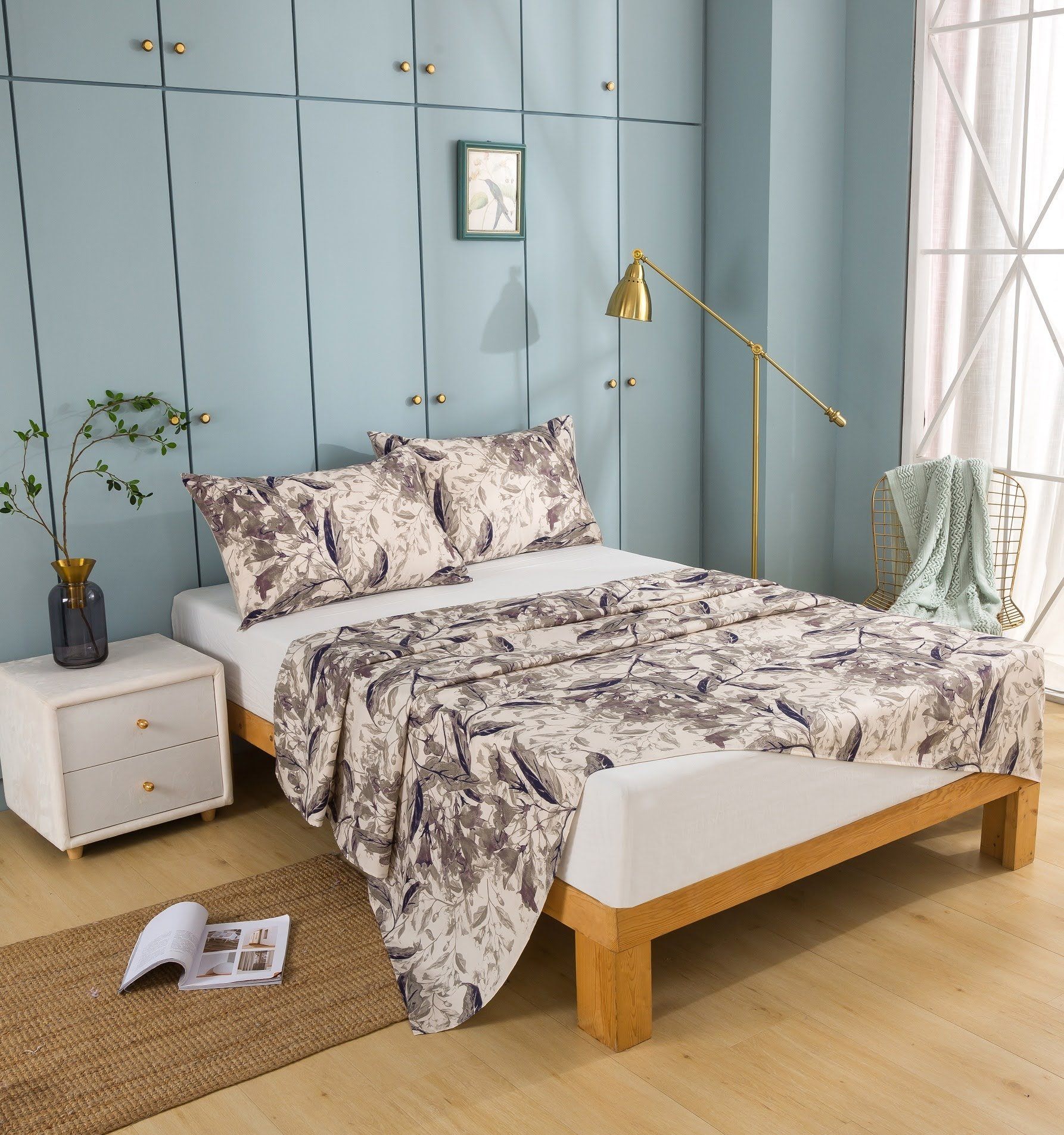 Tache Microfiber Abstract Wispy Leaf Taupe Grey Flat Sheet (JHW-843) - Tache Home Fashion