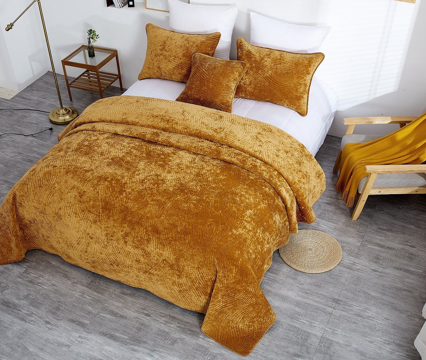 Tache Plush Dreams Melted Gold Waves Velvet Quilt Set (JHW-852Y) - Tache Home Fashion