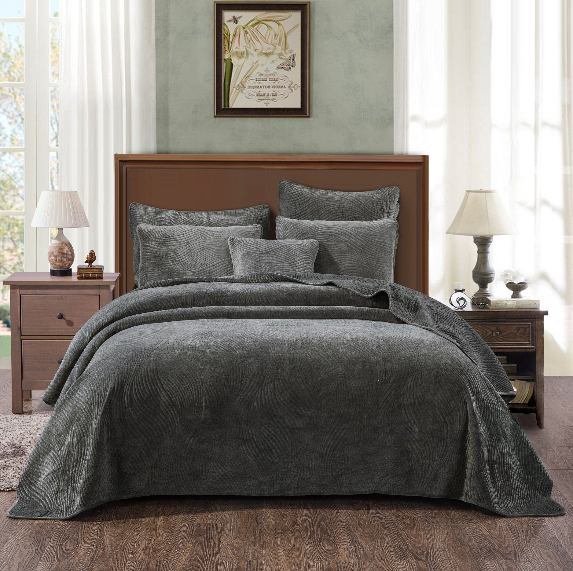 Tache Plush Dreams Dark Taupe Chocolate Waves Velvet Quilt Set (JHW-852BR) - Tache Home Fashion