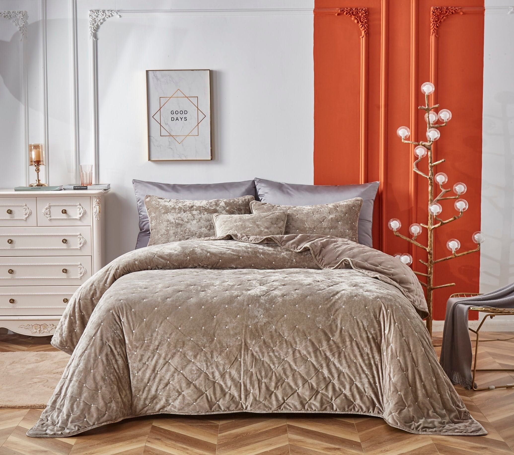 Tache Plush Dreams Sand Taupe Beige Tufted Velvet Quilt Set (JHW-853B) - Tache Home Fashion