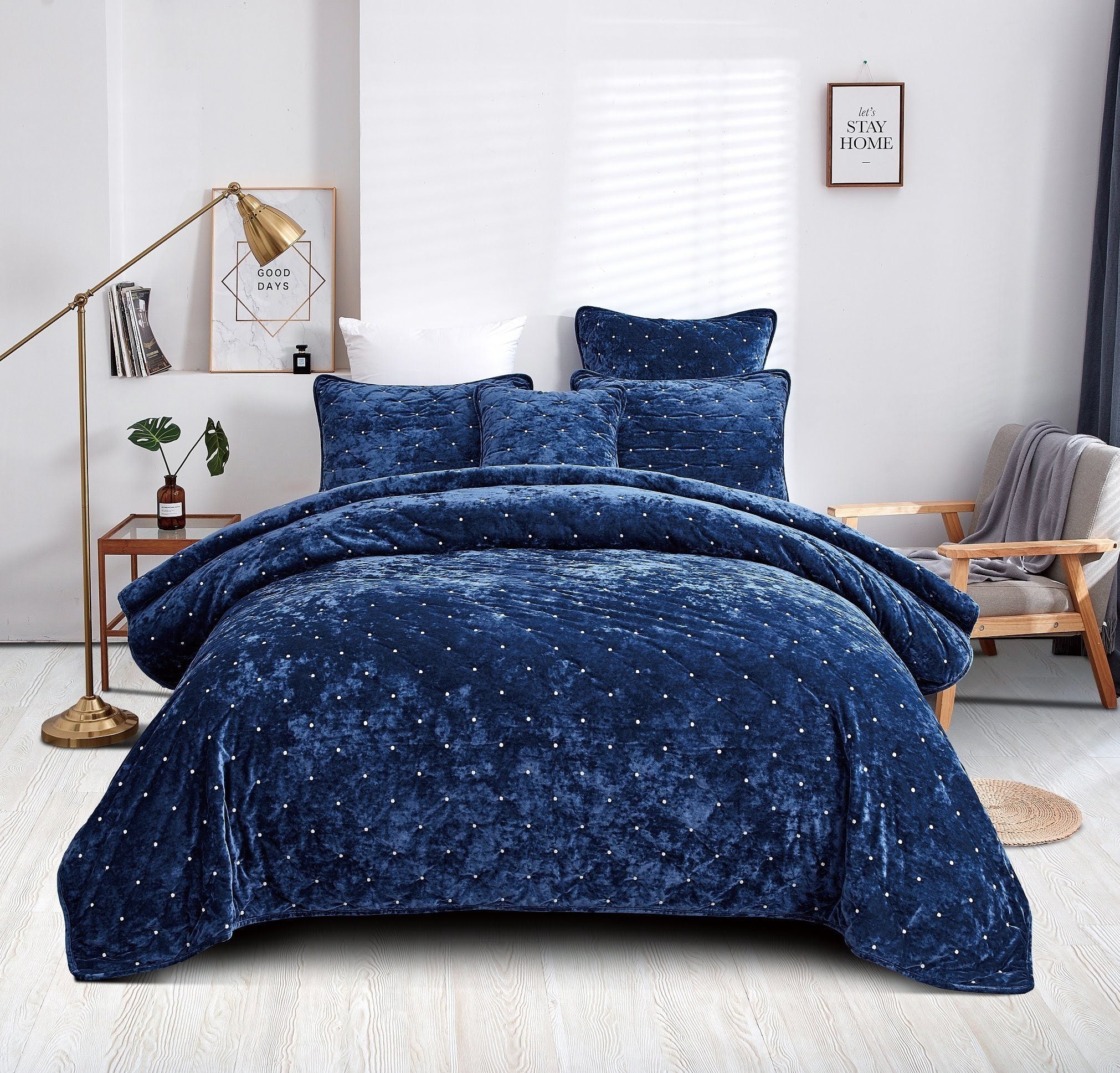 Tache Plush Dreams Dark Royal Blue Tufted Velvet Quilt Set (JHW-853DB) - Tache Home Fashion