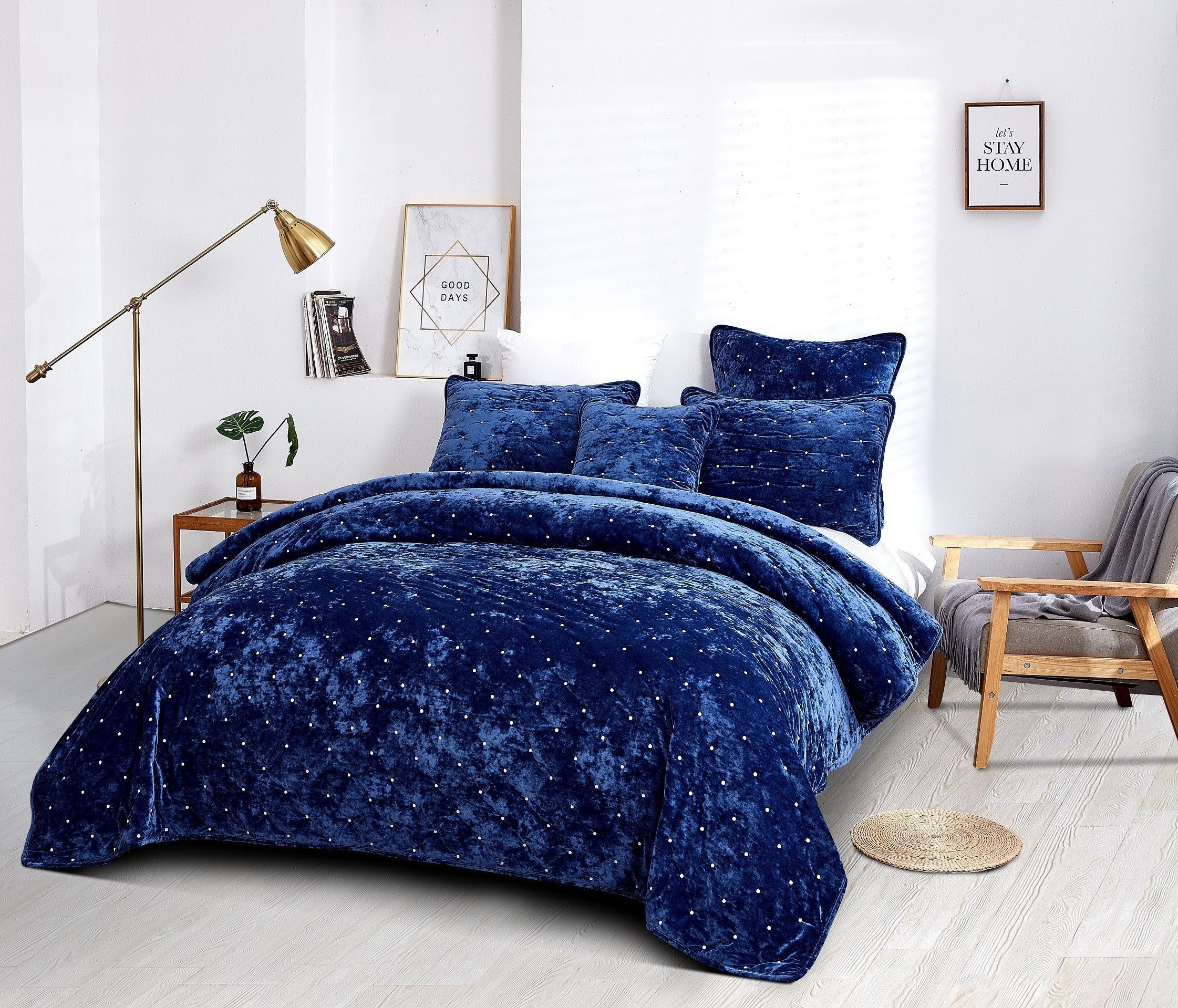 Tache Plush Dreams Dark Royal Blue Tufted Velvet Quilt Set (JHW-853DB) - Tache Home Fashion