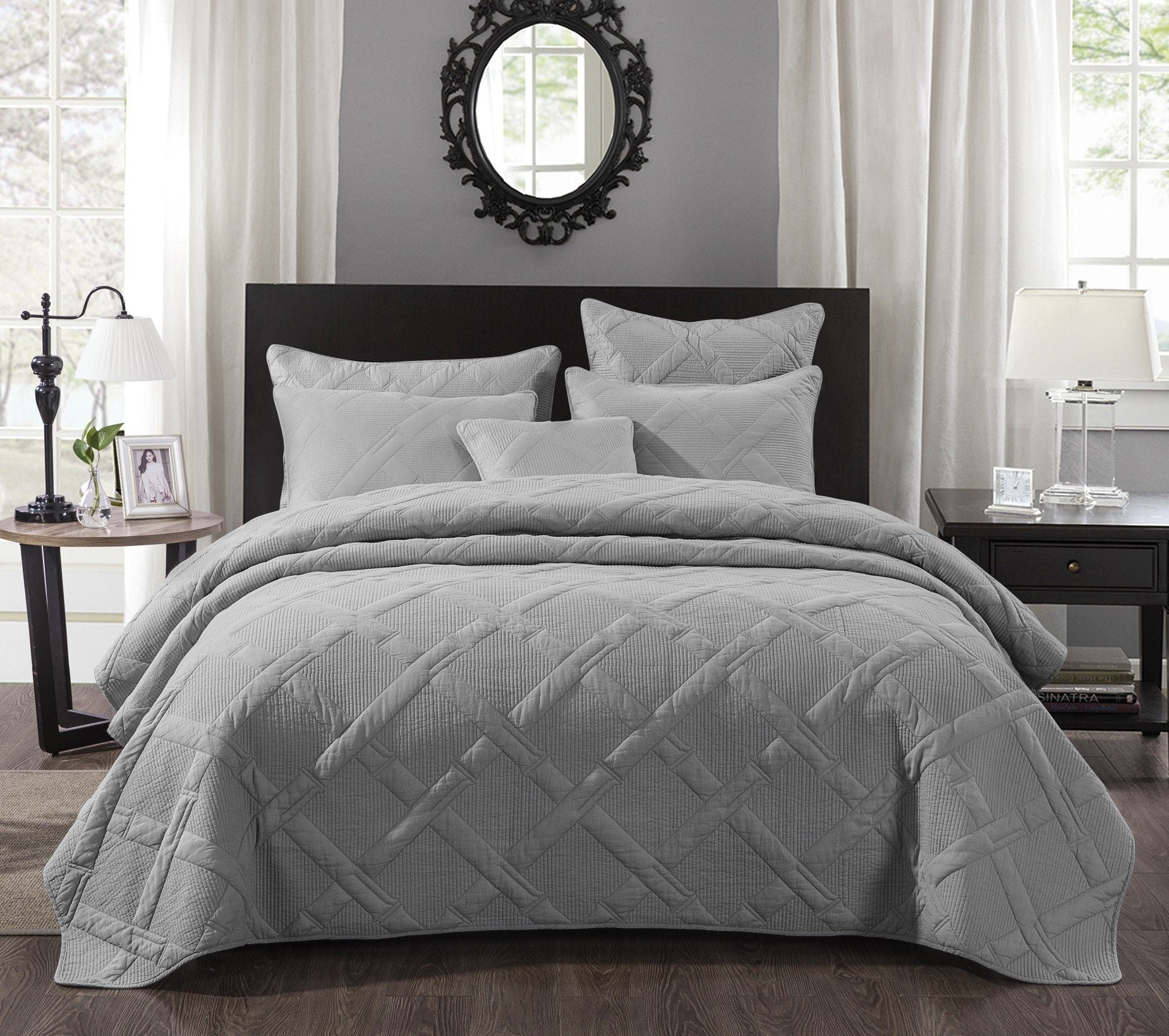 Tache Soothing Pastel Silver Diamond Stitch Light Grey Cotton Quilt Set (JHW-862) - Tache Home Fashion