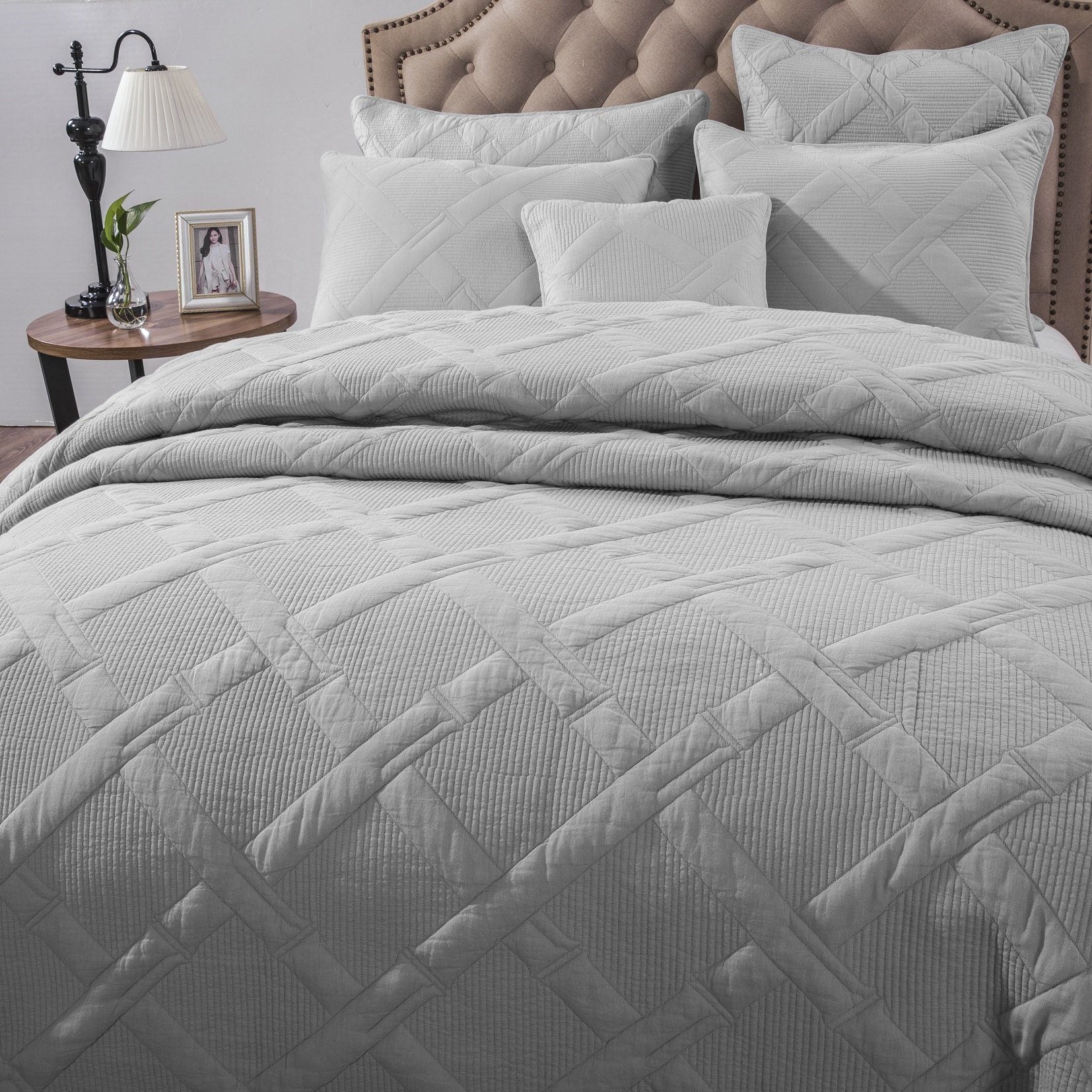 Tache Soothing Pastel Silver Diamond Stitch Light Grey Cotton Quilt Set (JHW-862) - Tache Home Fashion