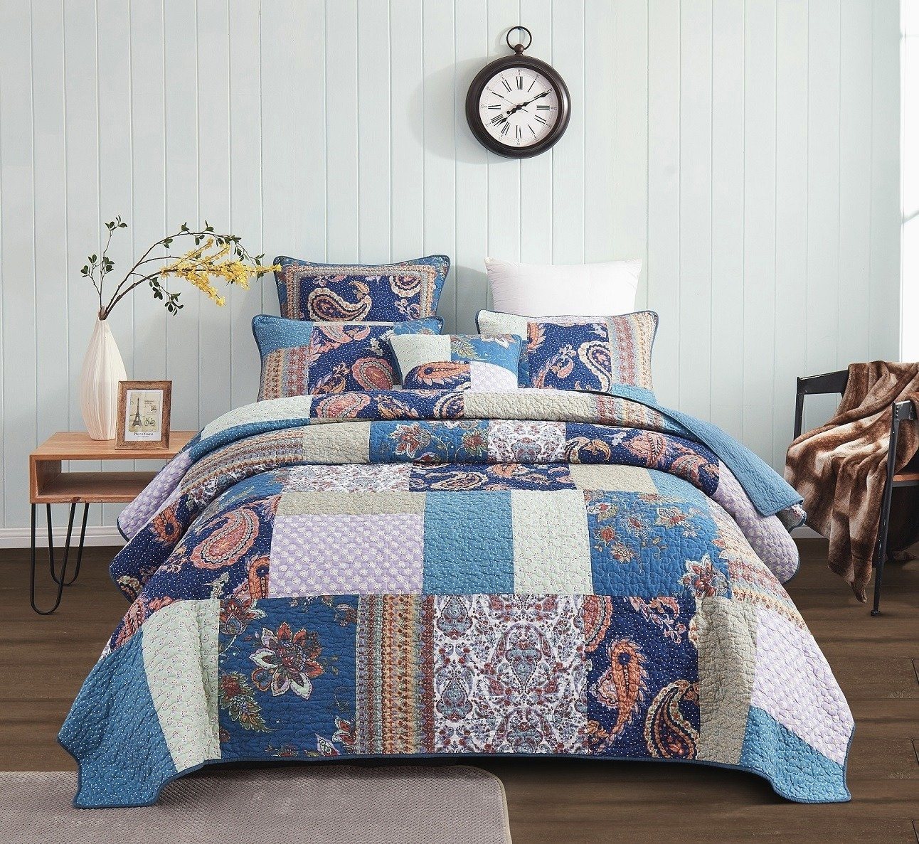 Tache Bohemian Night Flower Paisley Floral Navy Blue Pastel Cotton Patchwork Quilt Set (JHW-882) - Tache Home Fashion