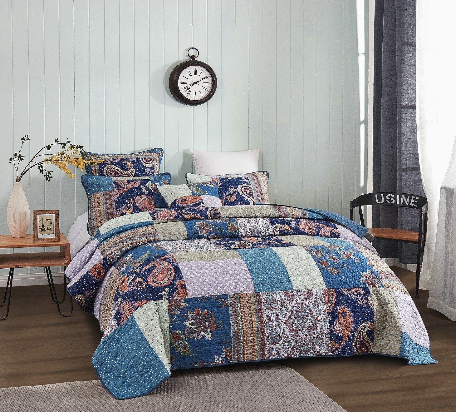 Tache Bohemian Night Flower Paisley Floral Navy Blue Pastel Cotton Patchwork Quilt Set (JHW-882) - Tache Home Fashion