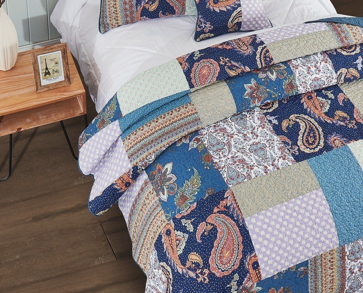 Tache Bohemian Night Flower Paisley Floral Navy Blue Pastel Cotton Patchwork Quilt Set (JHW-882) - Tache Home Fashion