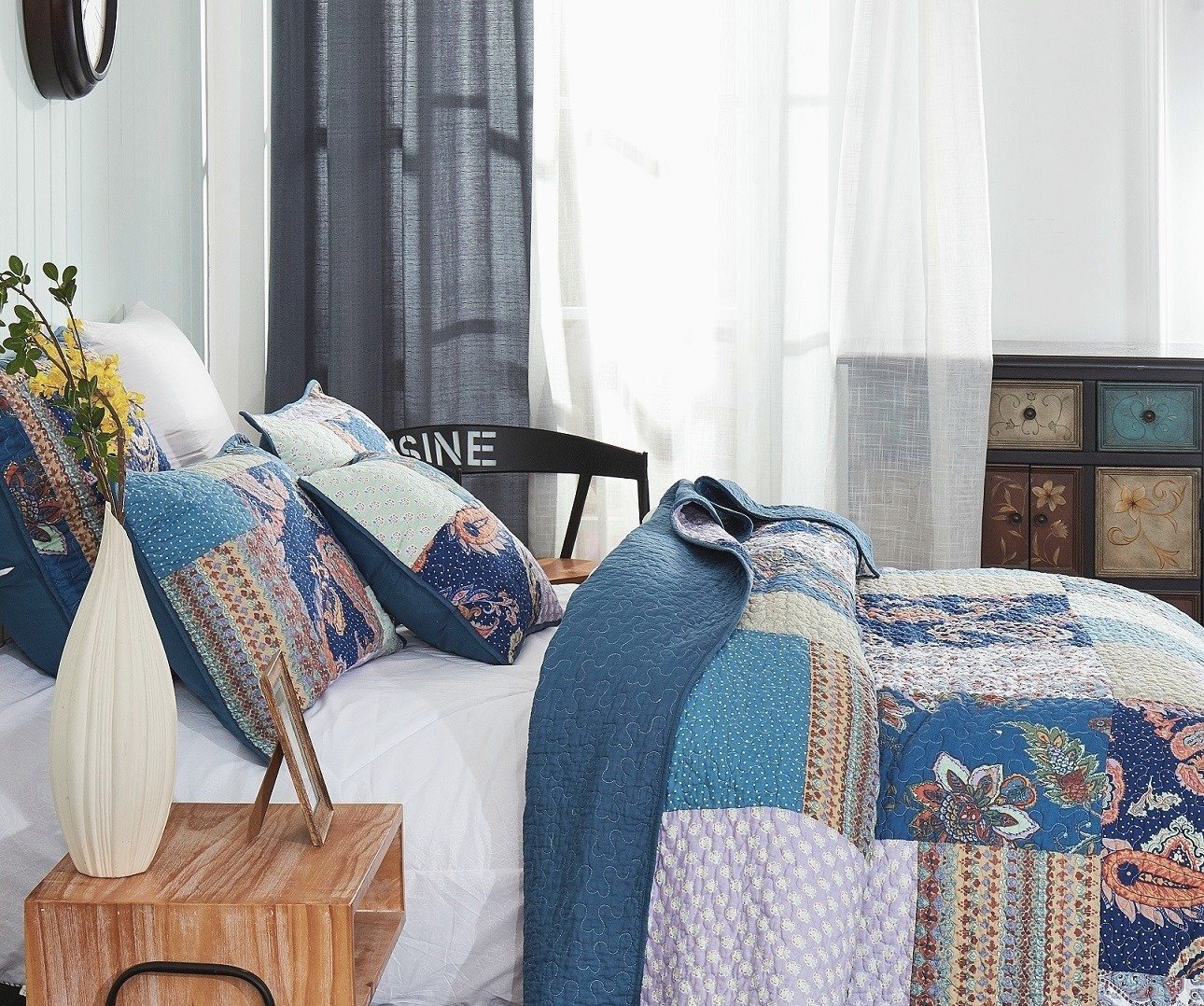 Tache Bohemian Night Flower Paisley Floral Navy Blue Pastel Cotton Patchwork Quilt Set (JHW-882) - Tache Home Fashion