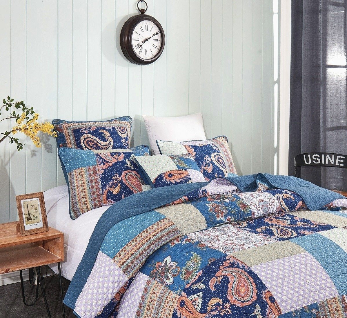 Tache Bohemian Night Flower Paisley Floral Navy Blue Pastel Cotton Patchwork Quilt Set (JHW-882) - Tache Home Fashion