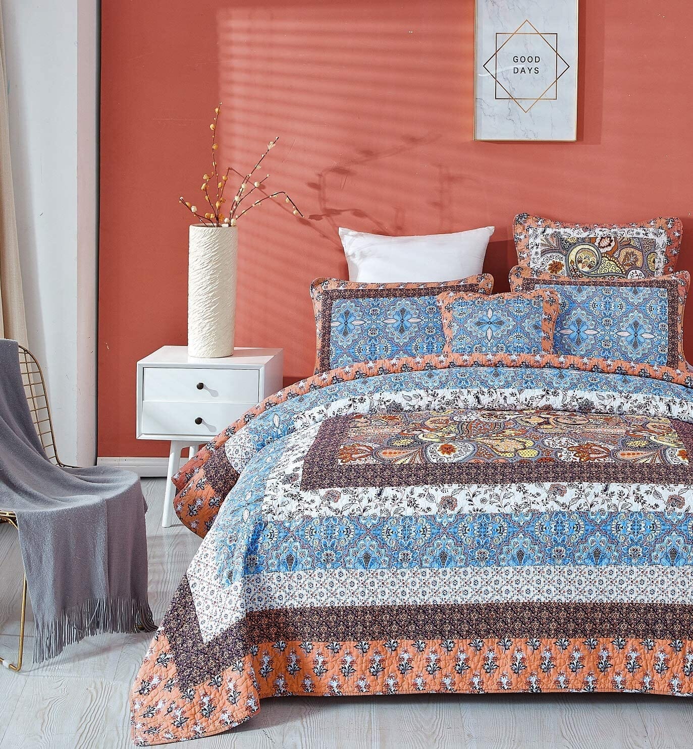 Tache Mosaic Paradise Paisley Floral Blue Orange Bohemian Cotton Patchwork Quilt Set (JHW-933) - Tache Home Fashion