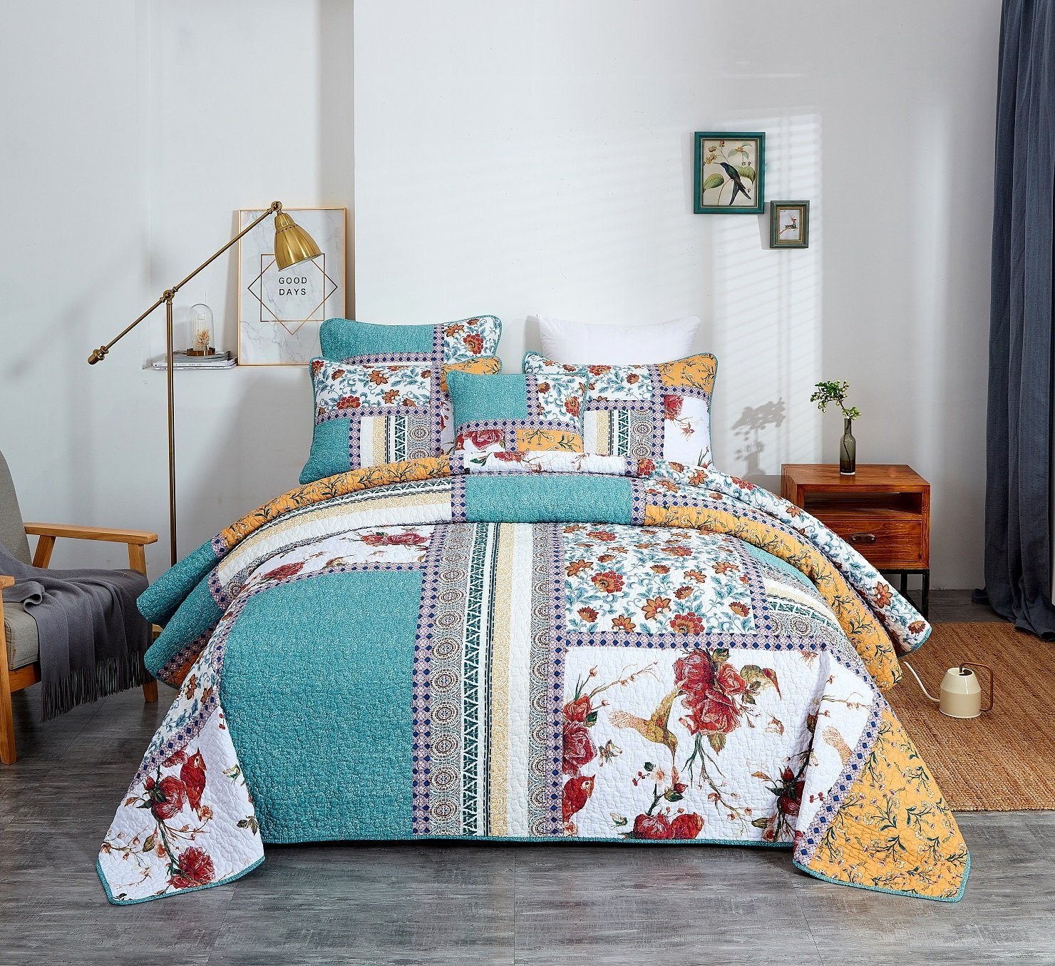 Tache Old World Garden Pastel Blue Yellow Red Hummingbirds Cotton Patchwork Quilt Set (JHW-936) - Tache Home Fashion