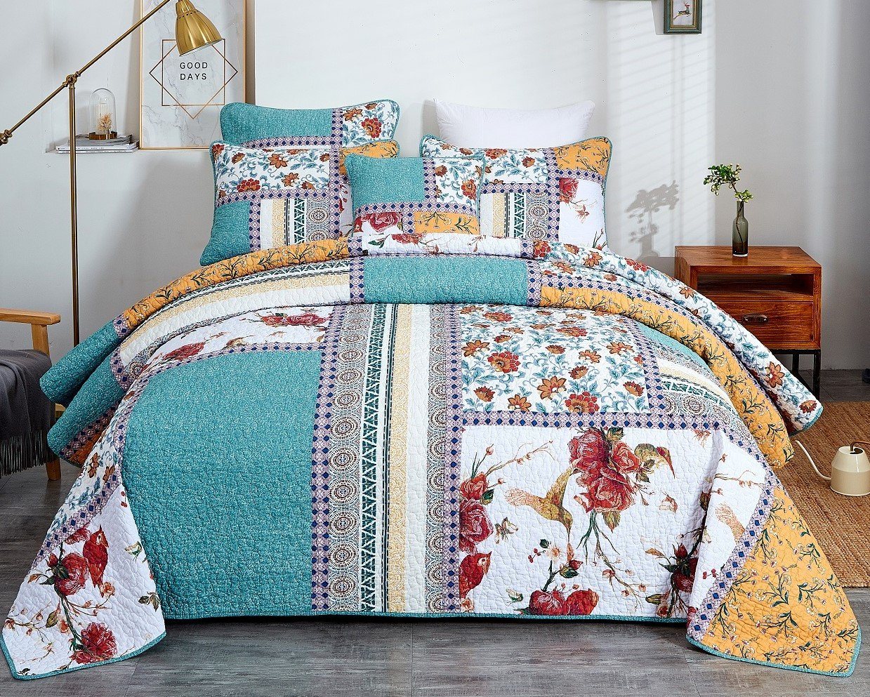 Tache Old World Garden Pastel Blue Yellow Red Hummingbirds Cotton Patchwork Quilt Set (JHW-936) - Tache Home Fashion