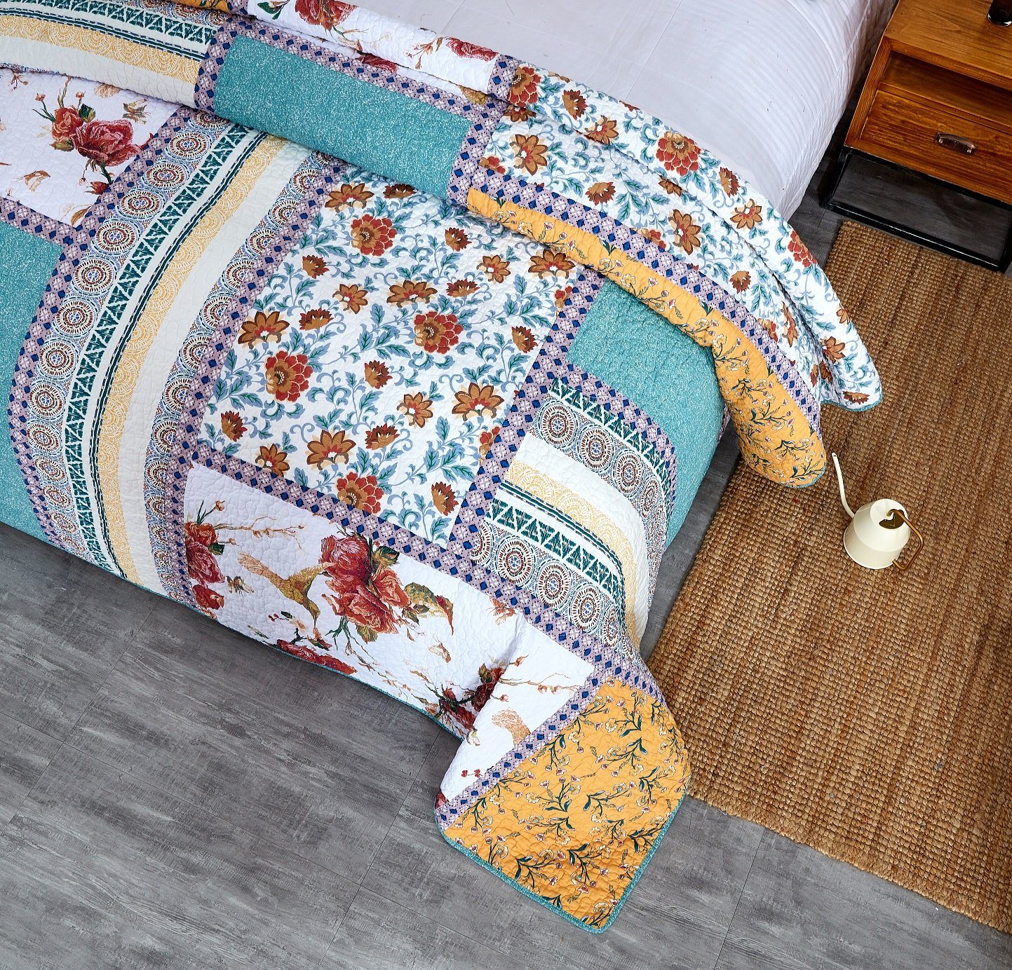 Tache Old World Garden Pastel Blue Yellow Red Hummingbirds Cotton Patchwork Quilt Set (JHW-936) - Tache Home Fashion