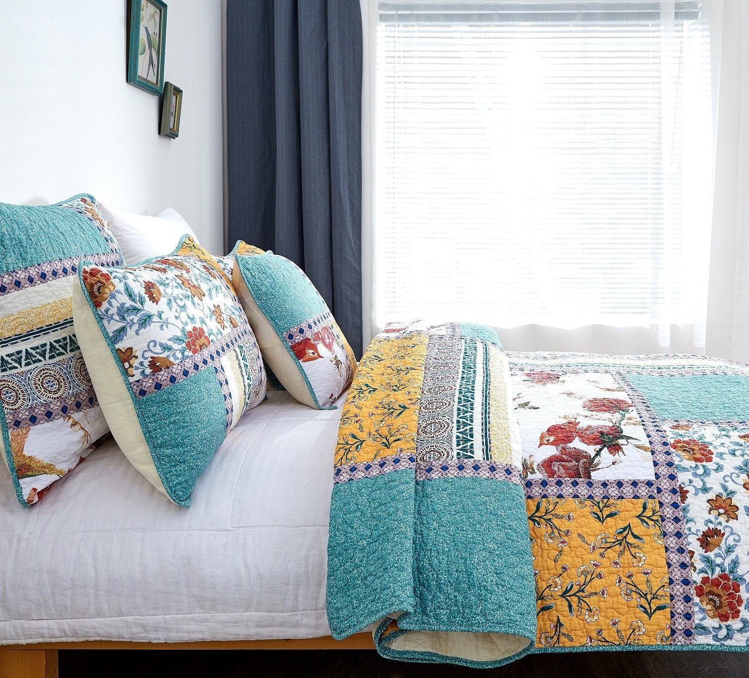 Tache Old World Garden Pastel Blue Yellow Red Hummingbirds Cotton Patchwork Quilt Set (JHW-936) - Tache Home Fashion