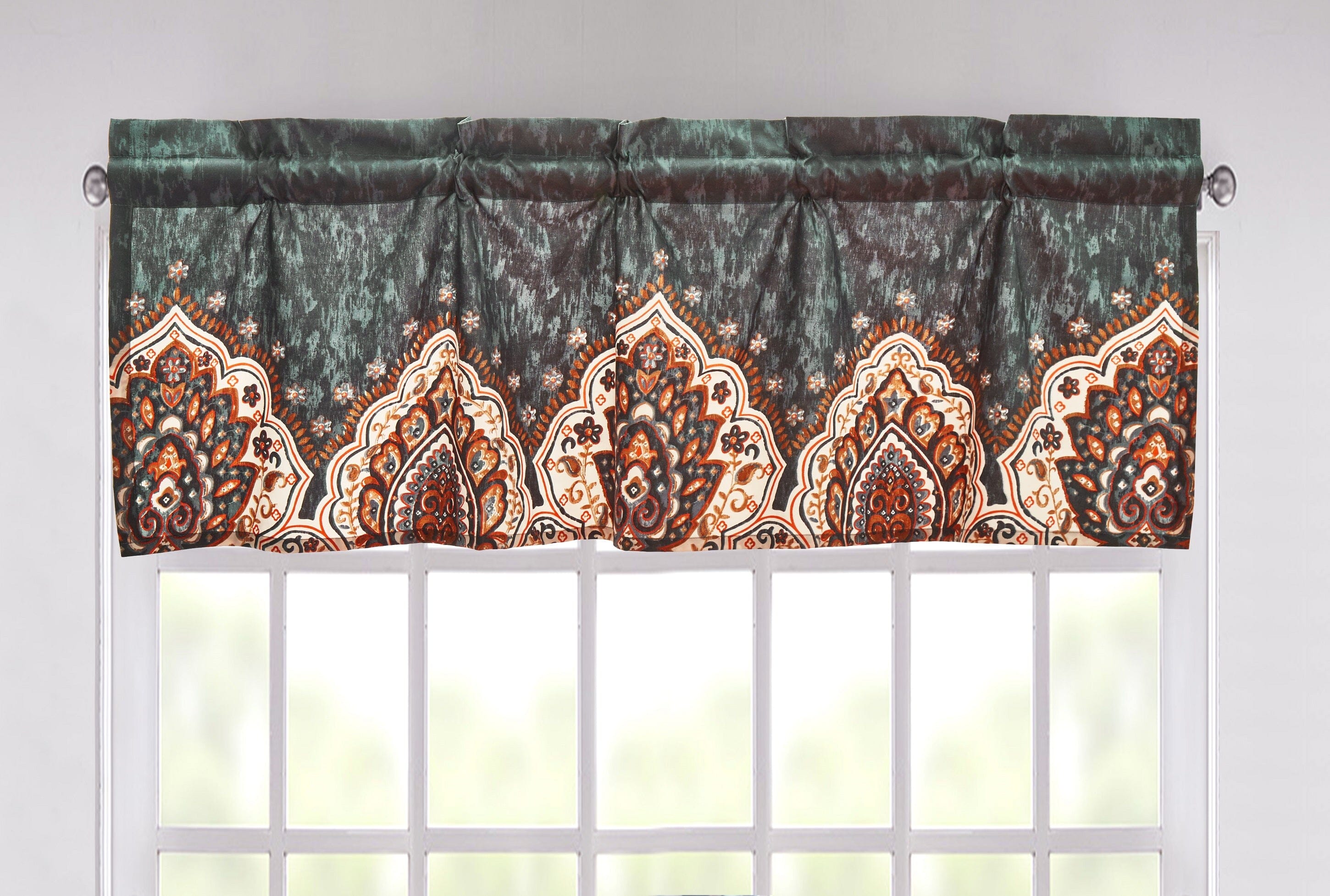 Tache Rustic Paisley Mandala Palace Floral Watercolor Orange Dark Teal Window Valance (KF174) - Tache Home Fashion