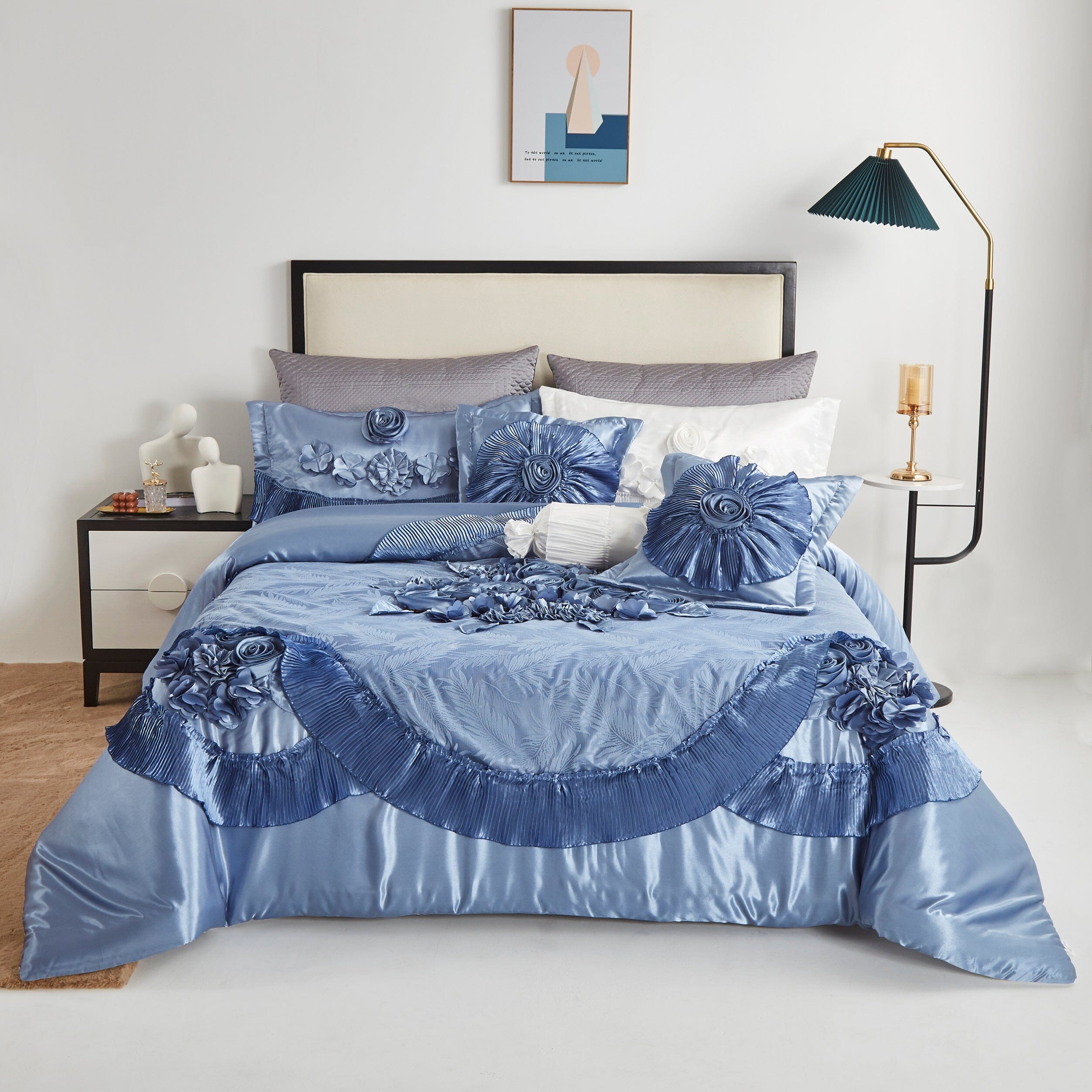 Tache Satin Floral Lace Ruffle Sweet Victorian Luxurious Blue Comforter Set (MZ002-Blue) - Tache Home Fashion