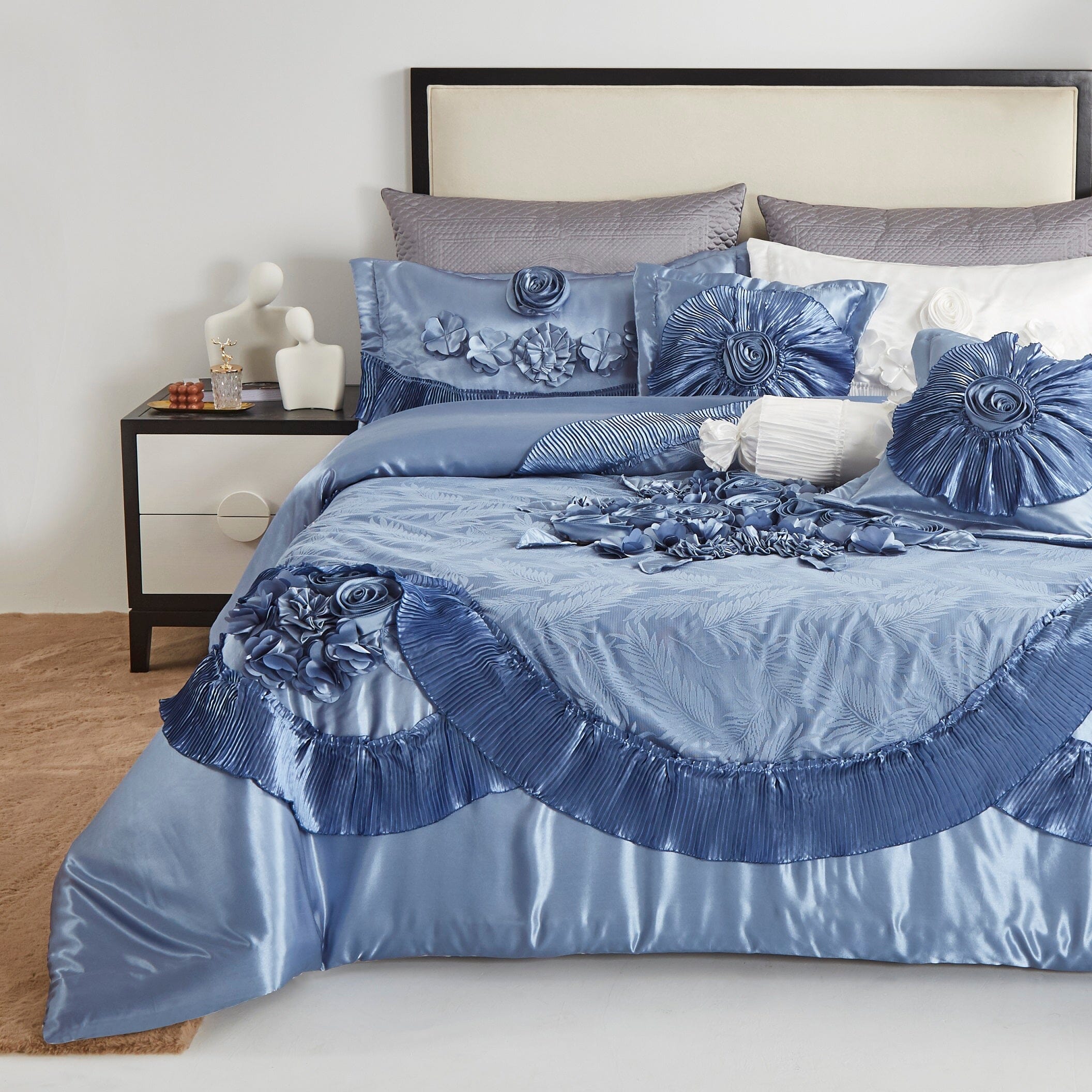 Tache Satin Floral Lace Ruffle Sweet Victorian Luxurious Blue Comforter Set (MZ002-Blue) - Tache Home Fashion