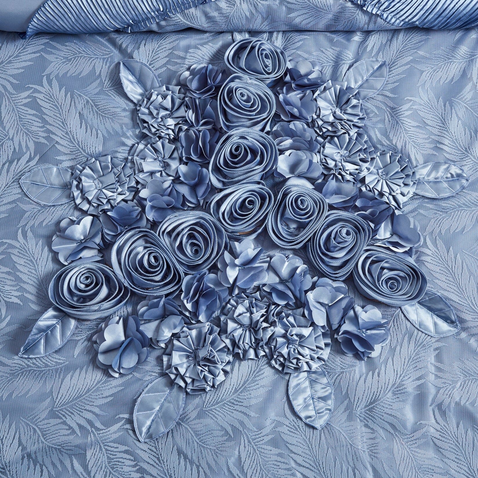 Tache Satin Floral Lace Ruffle Sweet Victorian Luxurious Blue Comforter Set (MZ002-Blue) - Tache Home Fashion