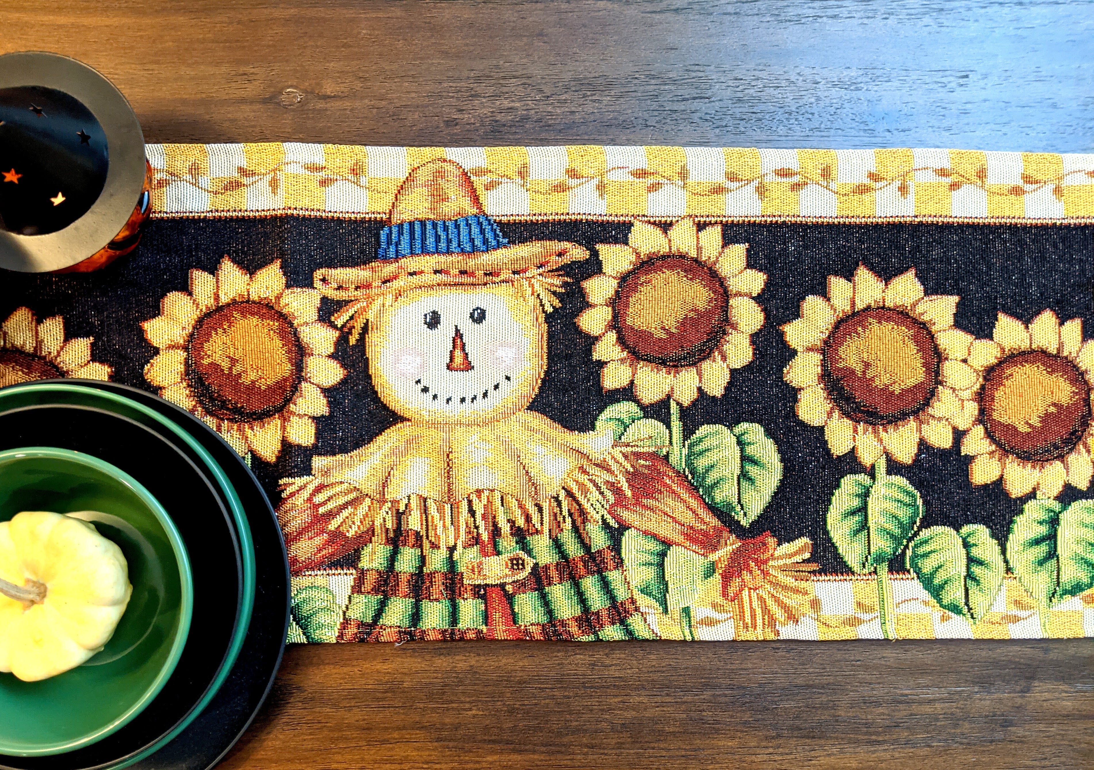 Tache Sunflower Field Scarecrow Autumn Harvest Woven Tapestry Table Runners (11712TR) - Tache Home Fashion