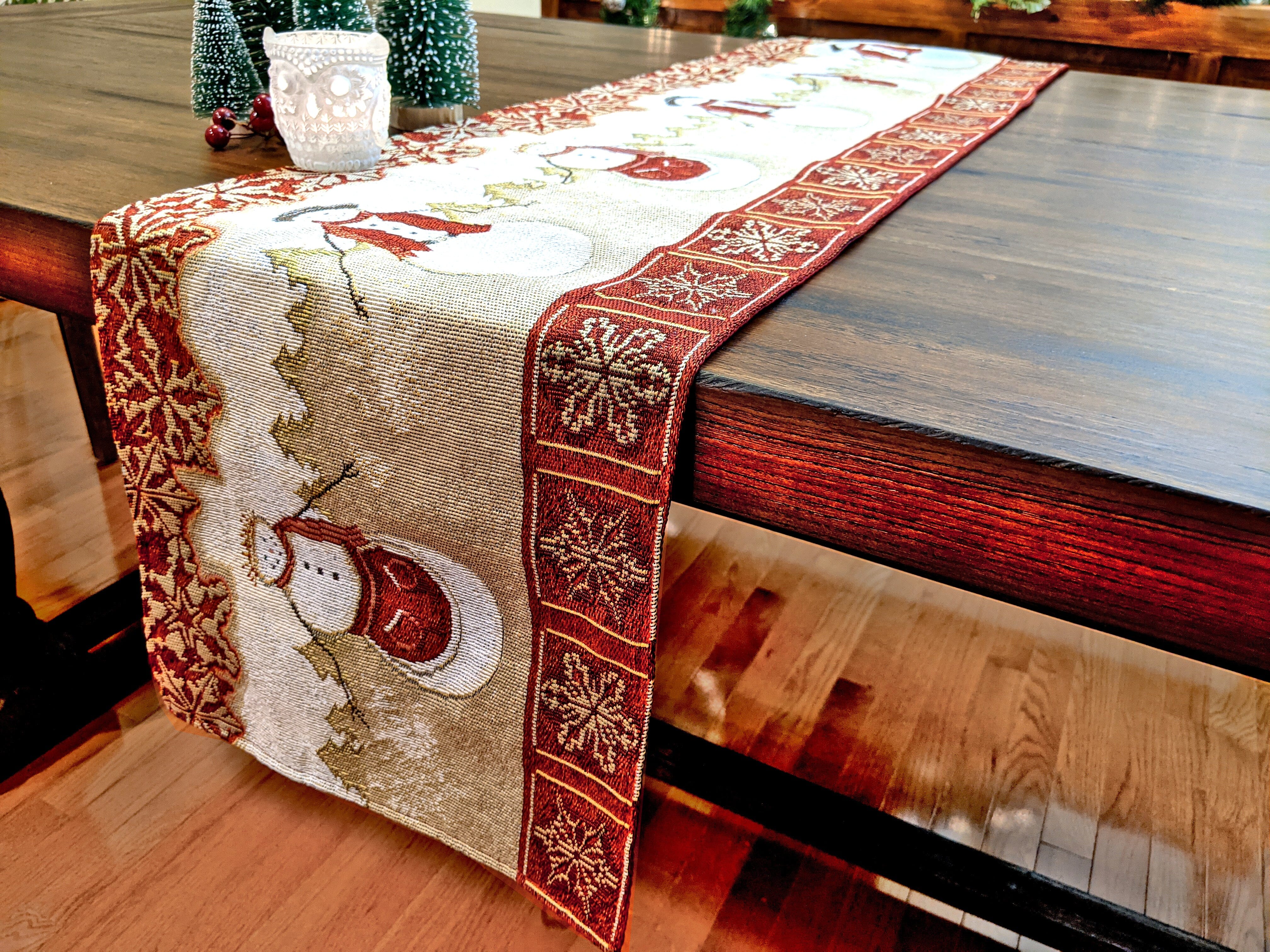 Tache Mr. & Mrs. Snowman Couple Woven Tapestry Table Runners (10323TR) - Tache Home Fashion