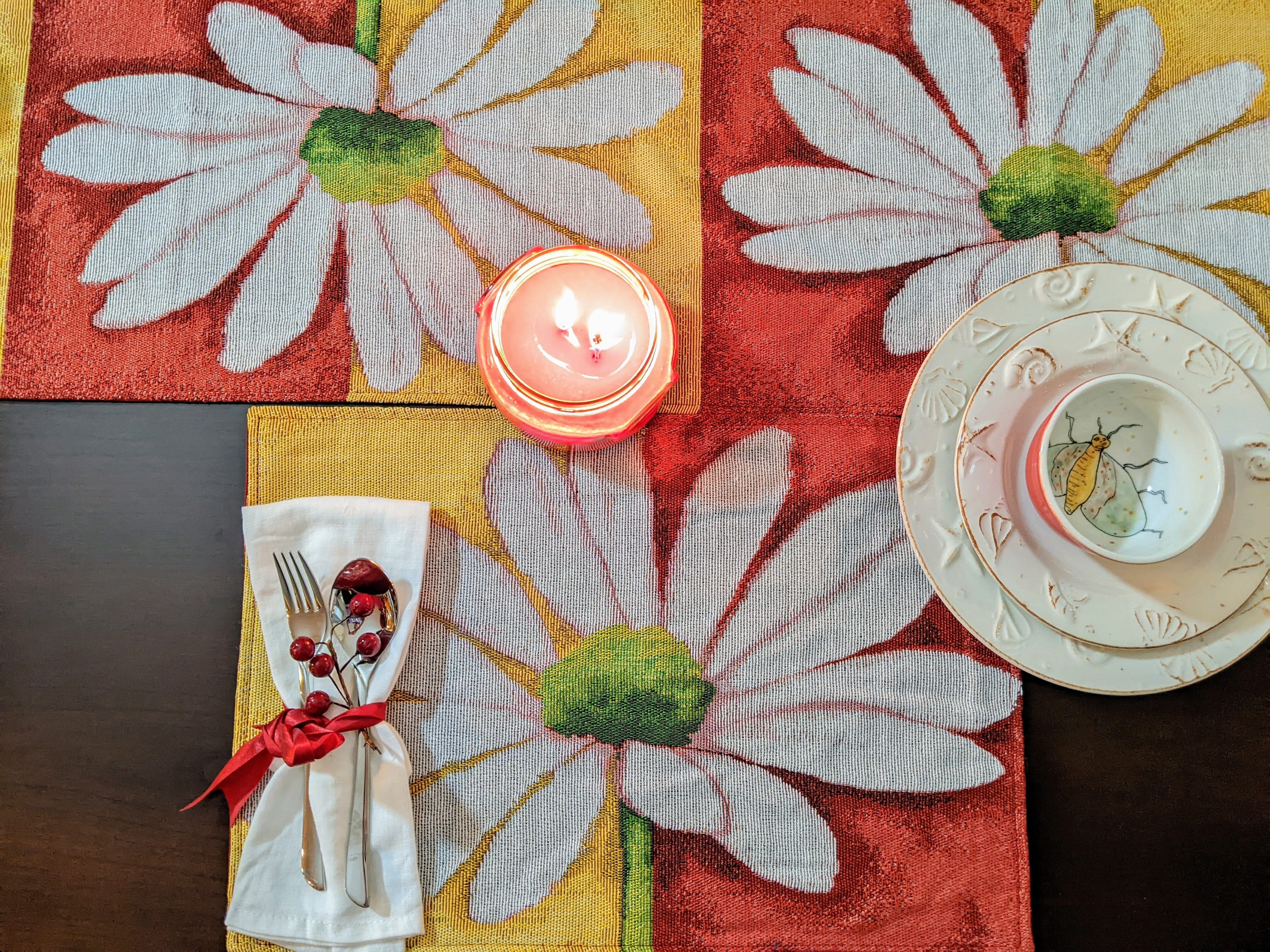 Tache Daisy Loves Me Not Floral Red & Yellow Tapestry Placemat Set of 4 (9046) - Tache Home Fashion