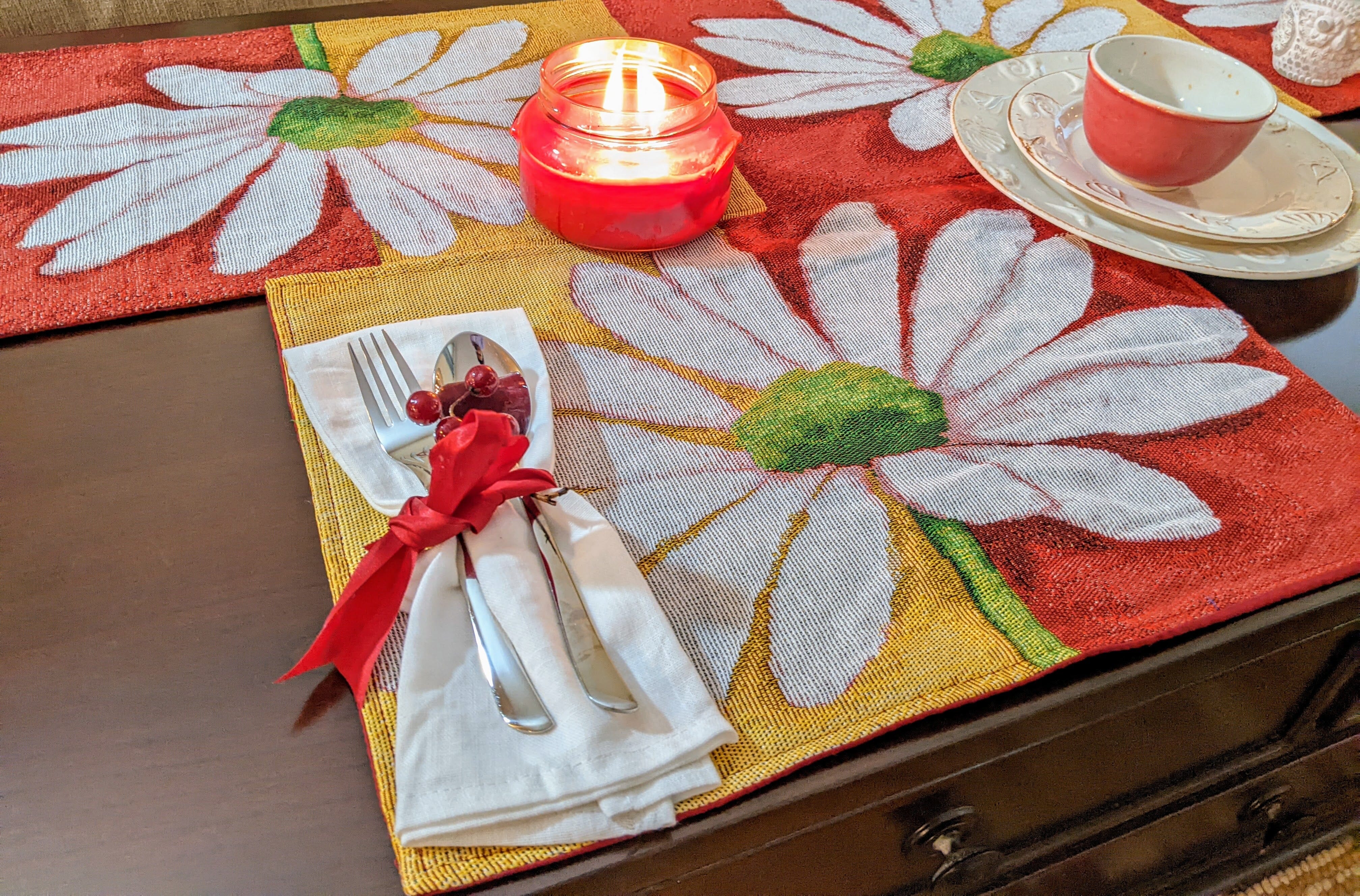 Tache Daisy Loves Me Not Floral Red & Yellow Tapestry Placemat Set of 4 (9046) - Tache Home Fashion
