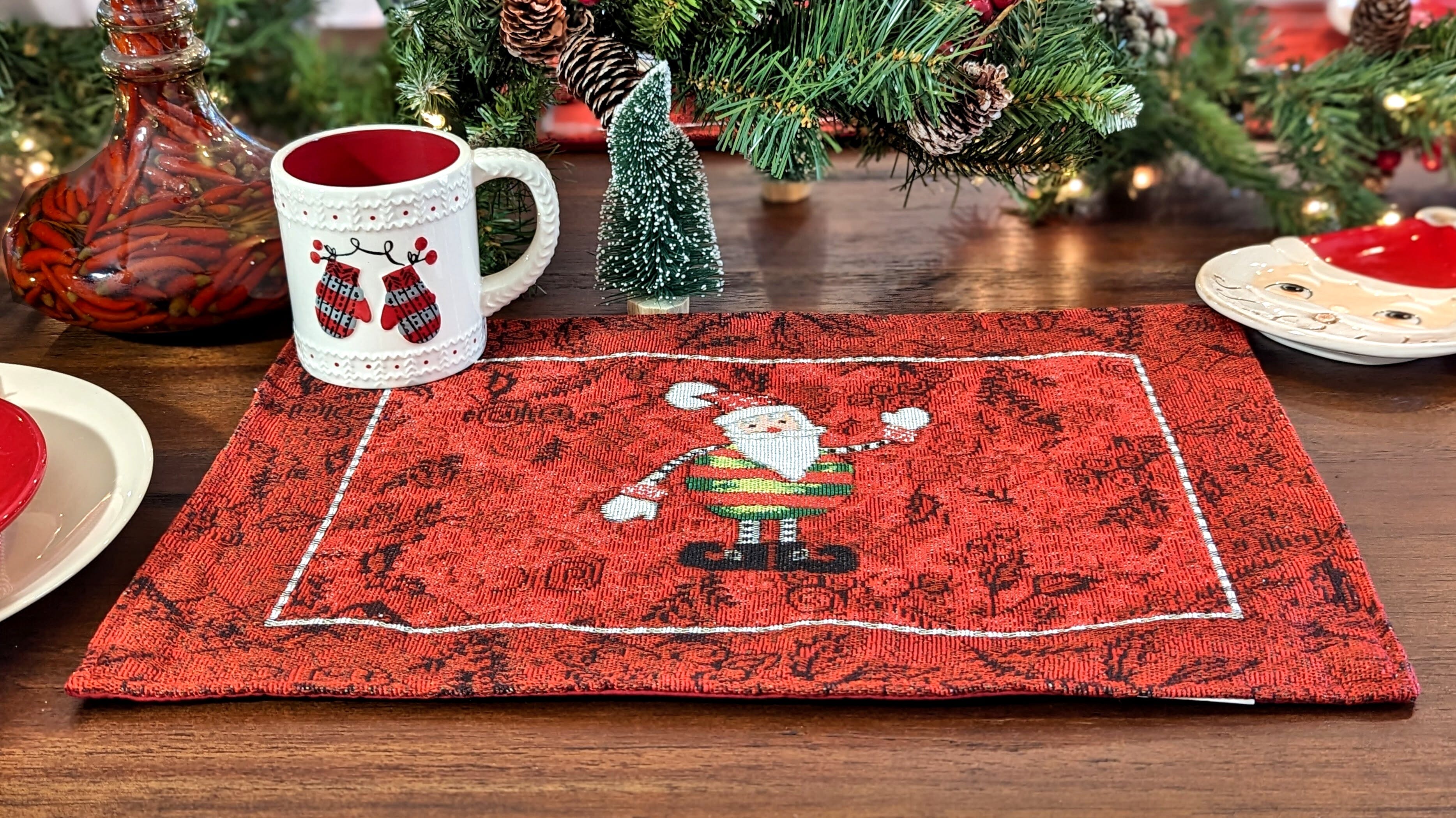 Tache Here Comes Santa Claus Vintage Holiday Woven Tapestry Red Christmas Placemat Set of 4 (8577PM) - Tache Home Fashion