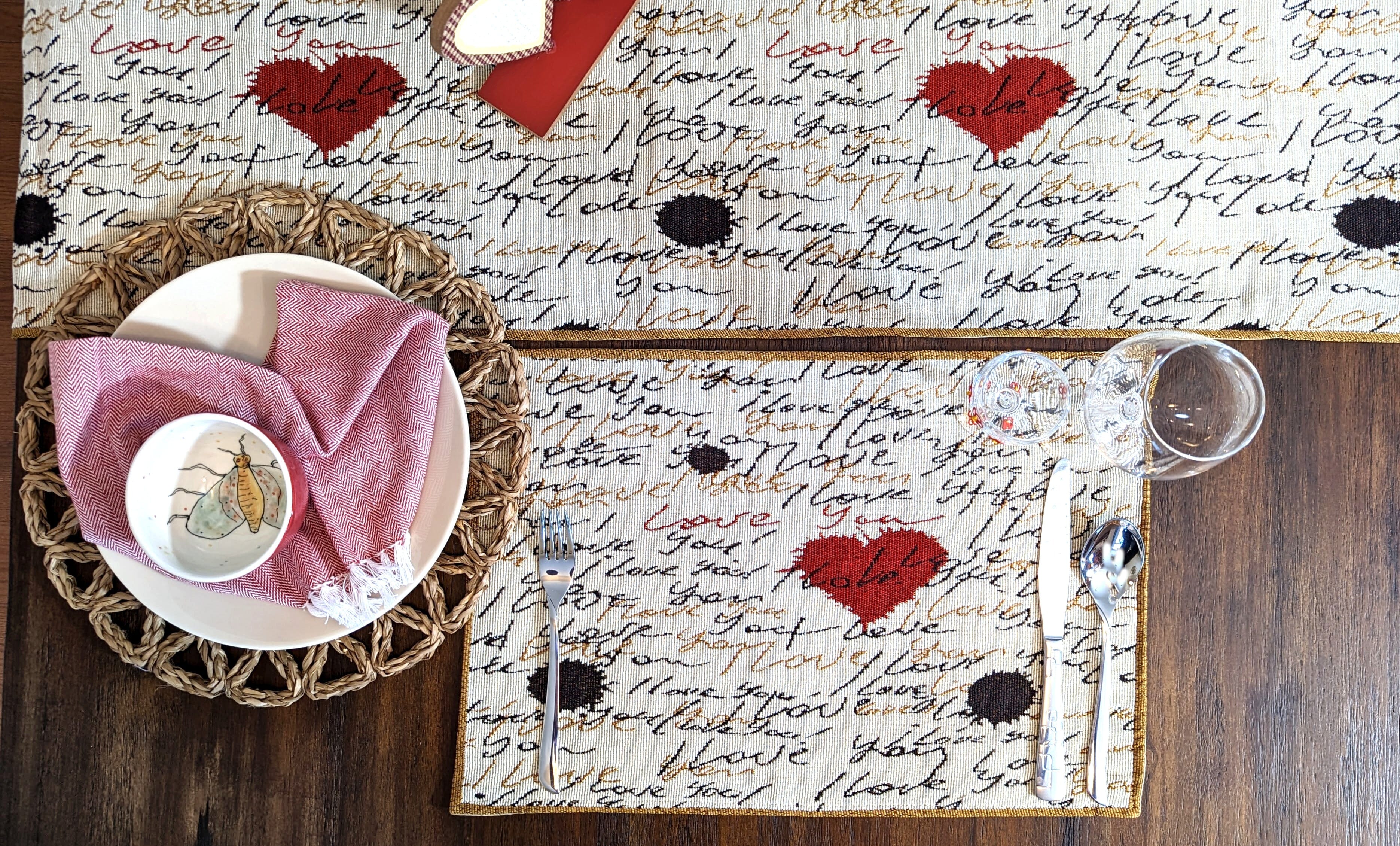 Tache Romantic Valentine’s Love Letter Beige Woven Tapestry Placemat Set (18111) - Tache Home Fashion