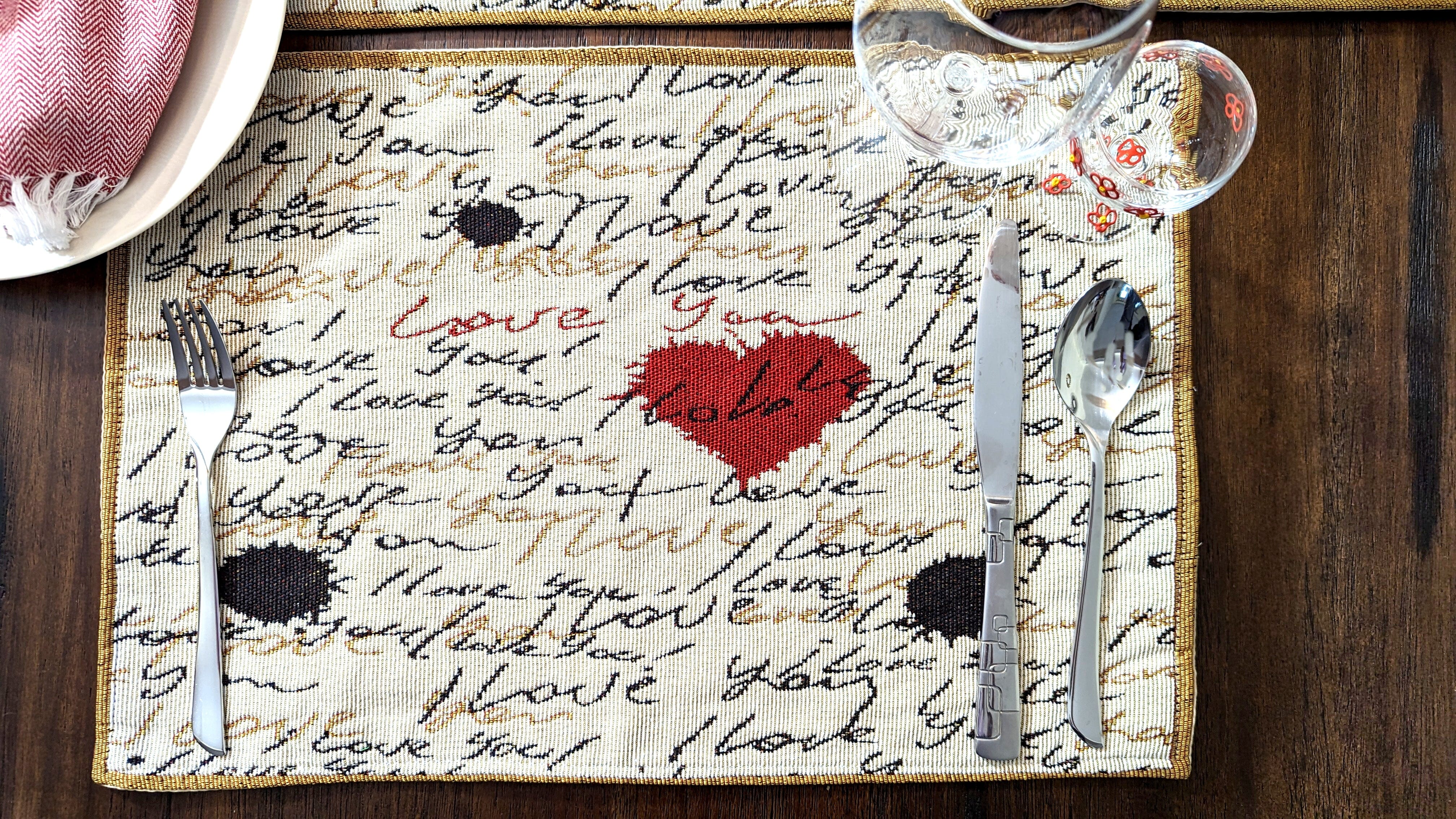 Tache Romantic Valentine’s Love Letter Beige Woven Tapestry Placemat Set (18111) - Tache Home Fashion