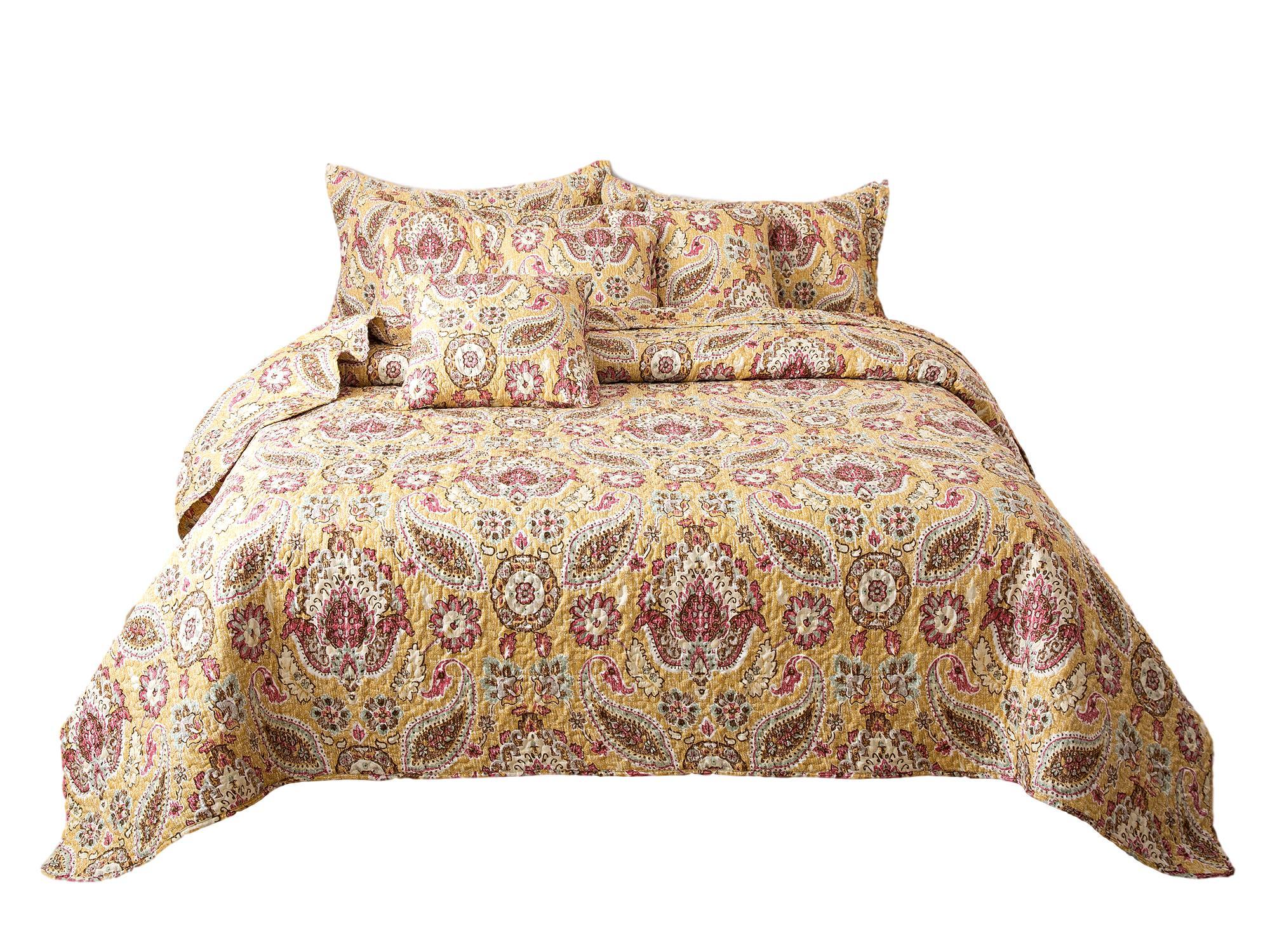 Tache Royal Medallion Floral Paisley Damask Yellow Pink Boho Chic Quilt Set (SD5357) - Tache Home Fashion