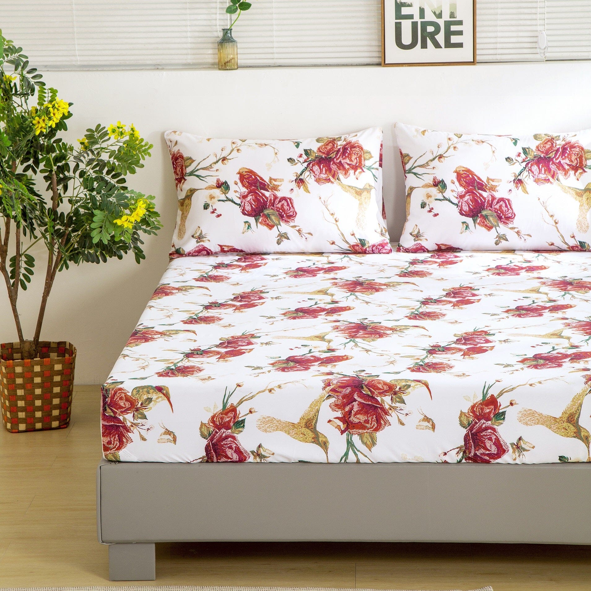 Tache Floral Hummingbirds Burgundy White Vintage Rose Garden Bed Sheet Set (SD-7676) - Tache Home Fashion