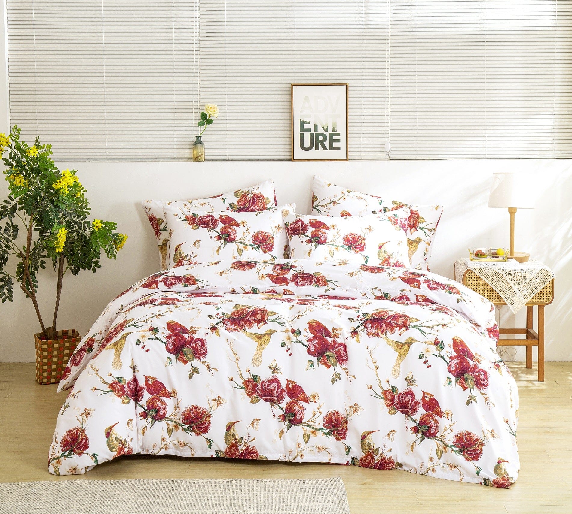 Tache Floral Hummingbirds Burgundy White Vintage Rose Garden Reversible Duvet Cover (SD-7676) - Tache Home Fashion