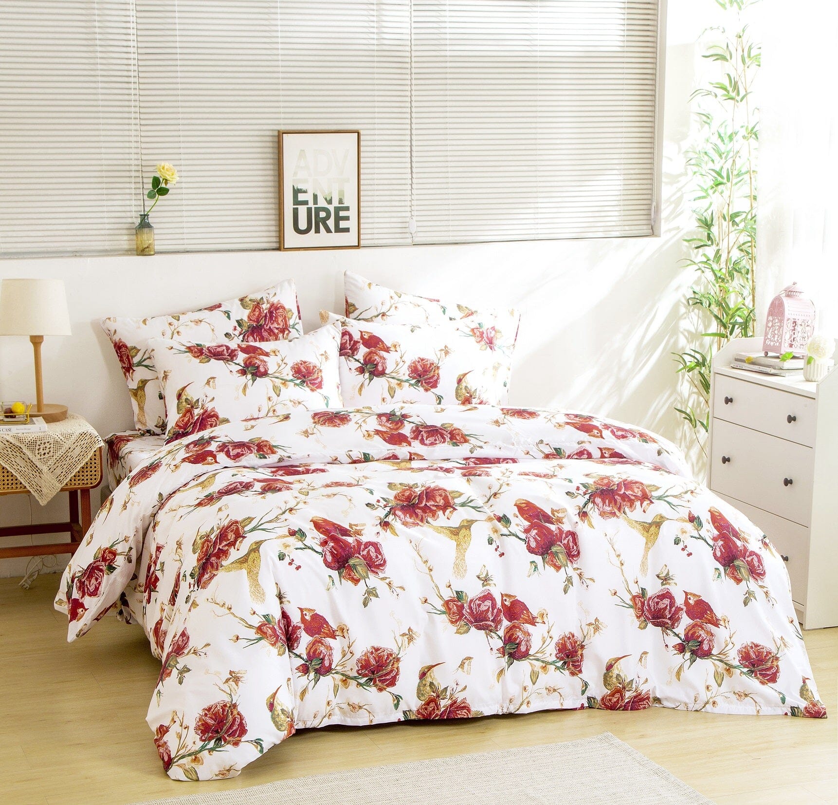 Tache Floral Hummingbirds Burgundy White Vintage Rose Garden Reversible Duvet Cover (SD-7676) - Tache Home Fashion