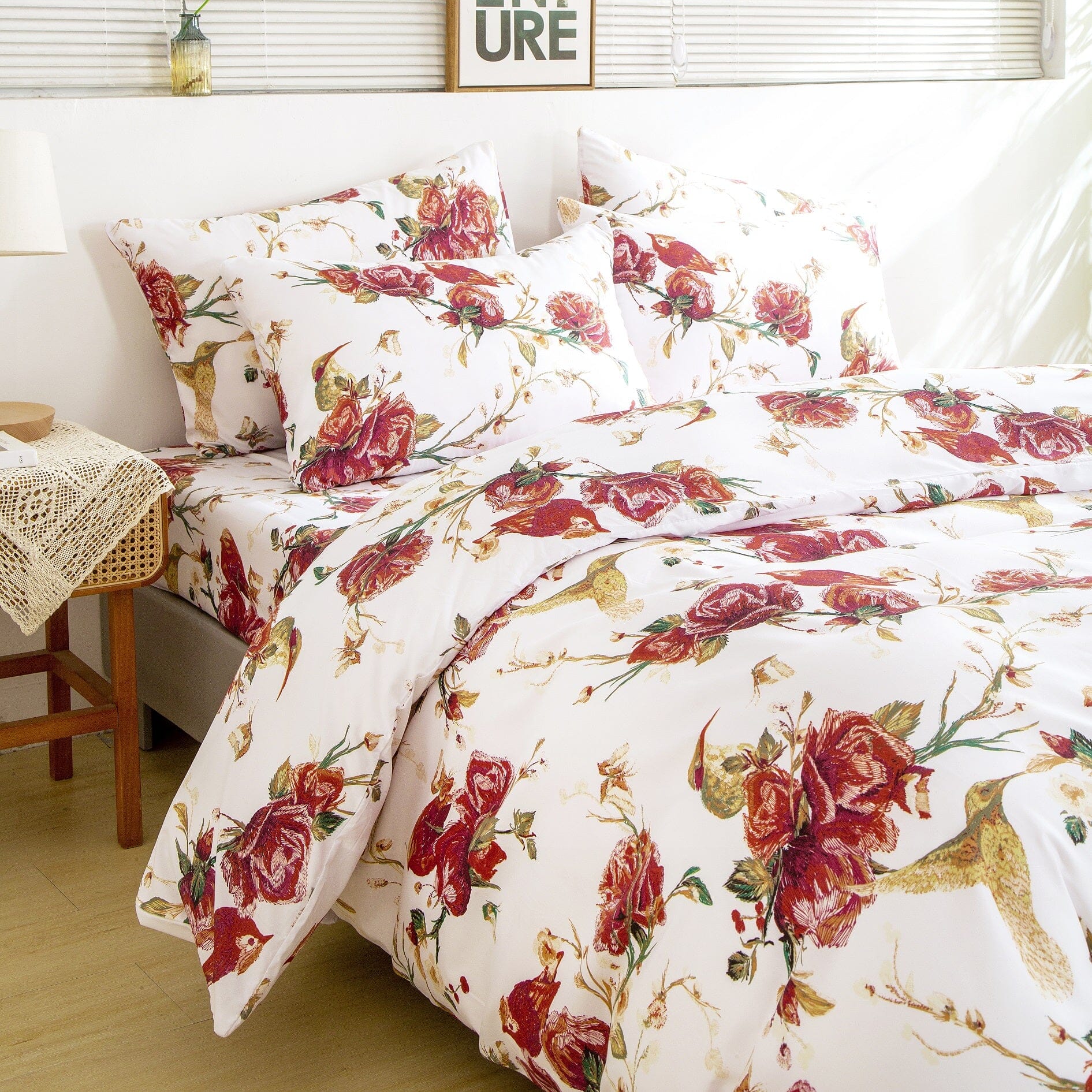 Tache Floral Hummingbirds Burgundy White Vintage Rose Garden Reversible Duvet Cover (SD-7676) - Tache Home Fashion