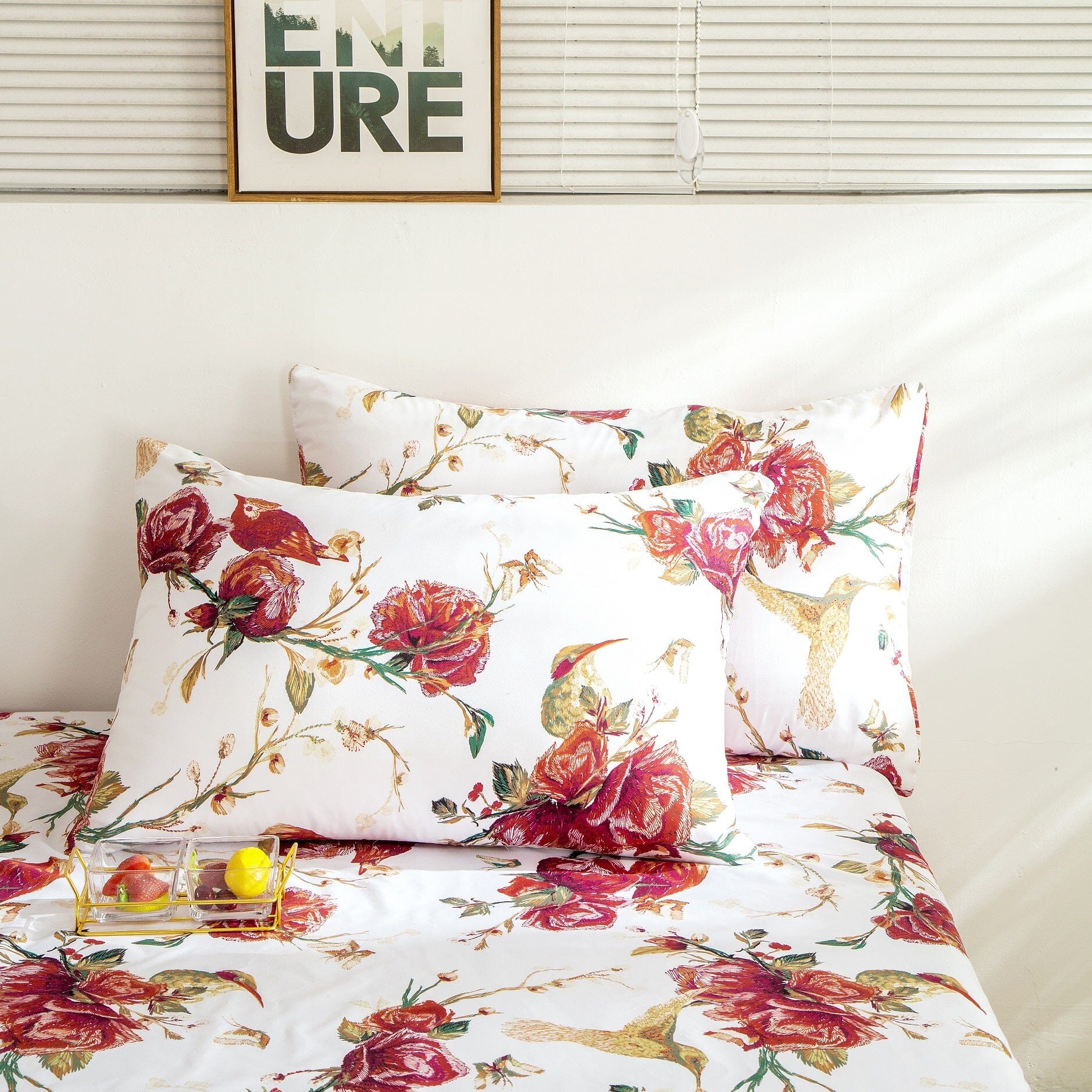Tache Floral Hummingbirds Burgundy White Vintage Rose Garden Bed Sheet Set (SD-7676) - Tache Home Fashion