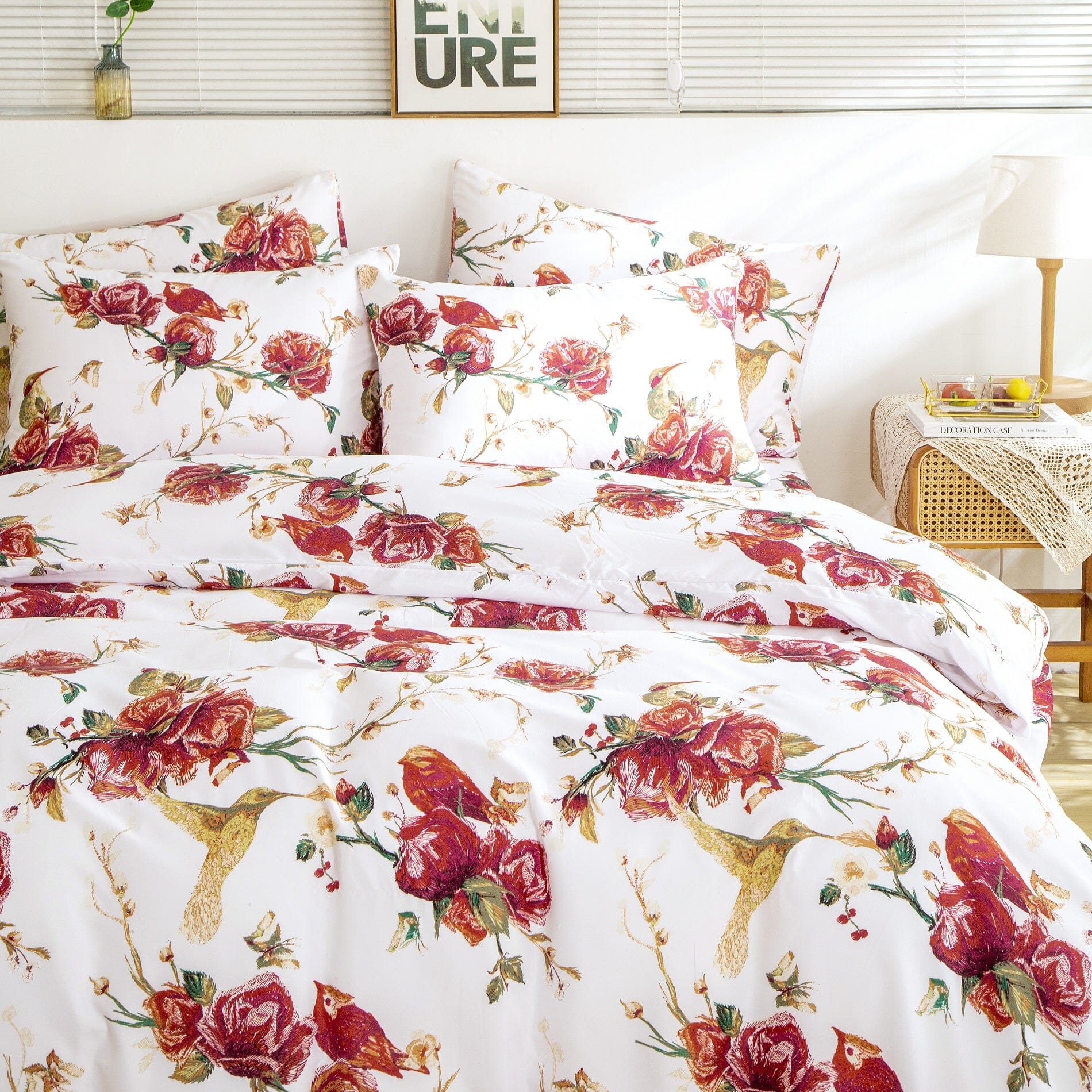 Tache Floral Hummingbirds Burgundy White Vintage Rose Garden Reversible Duvet Cover (SD-7676) - Tache Home Fashion
