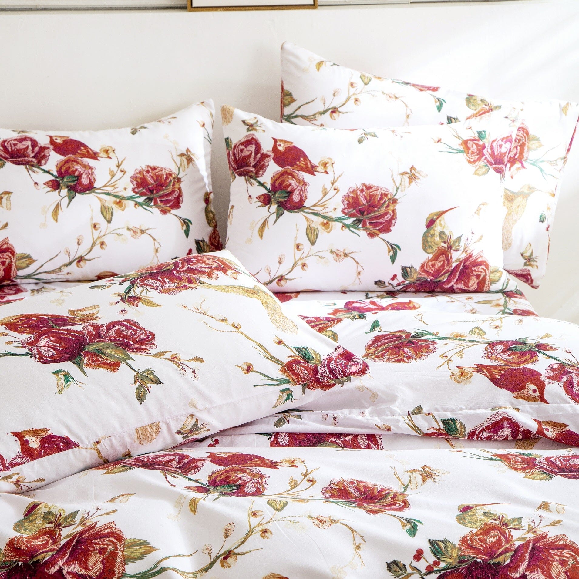Tache Floral Hummingbirds Burgundy White Vintage Rose Garden Reversible Duvet Cover (SD-7676) - Tache Home Fashion