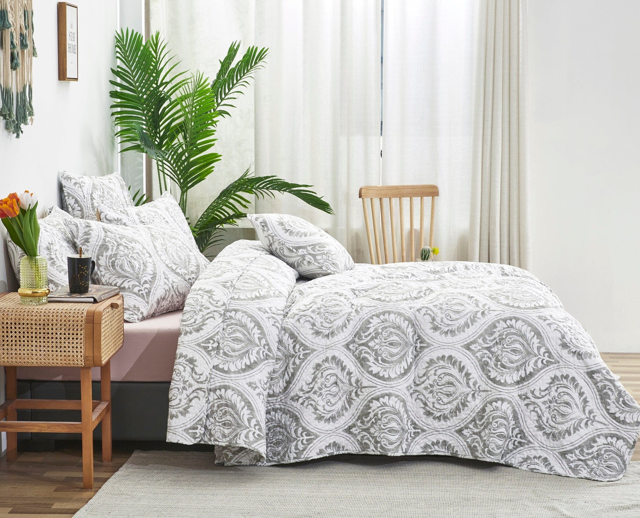 Tache Dreamy Moon Sky Ogee Damask Heather Grey White Quilt Set (TB300) - Tache Home Fashion