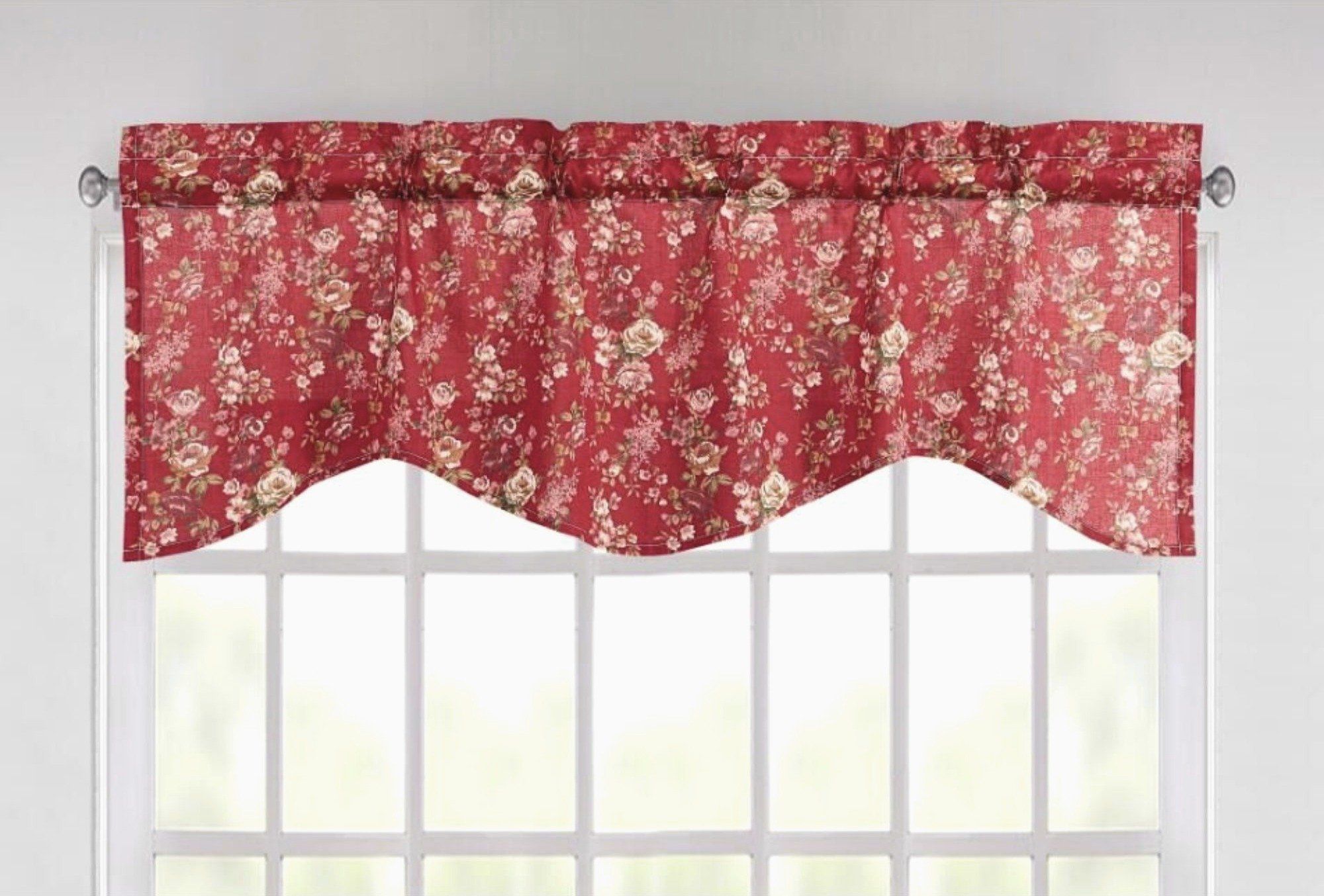 Tache Cotton Burgundy Floral Sheer Scalloped Window Treatment Fairy Tale Tea Party Valance (DXJ103443) - Tache Home Fashion
